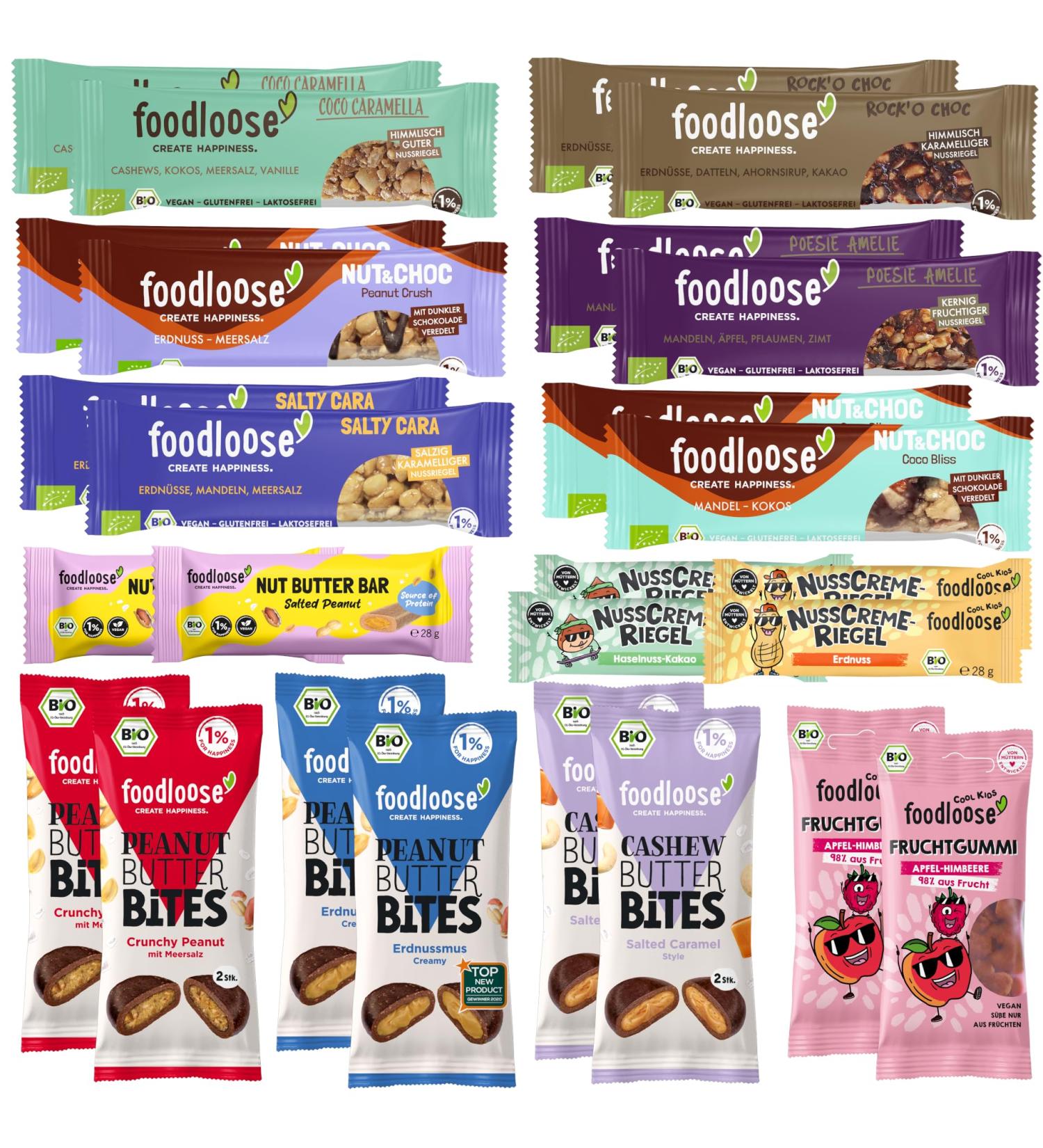 Foodloose Mix Package - 26 Organic Snacks | Vegan Gluten-Free Lactose-Free Treats | Nut Butters Fruit Gums & More! - Buy Online on GoSupps.com
