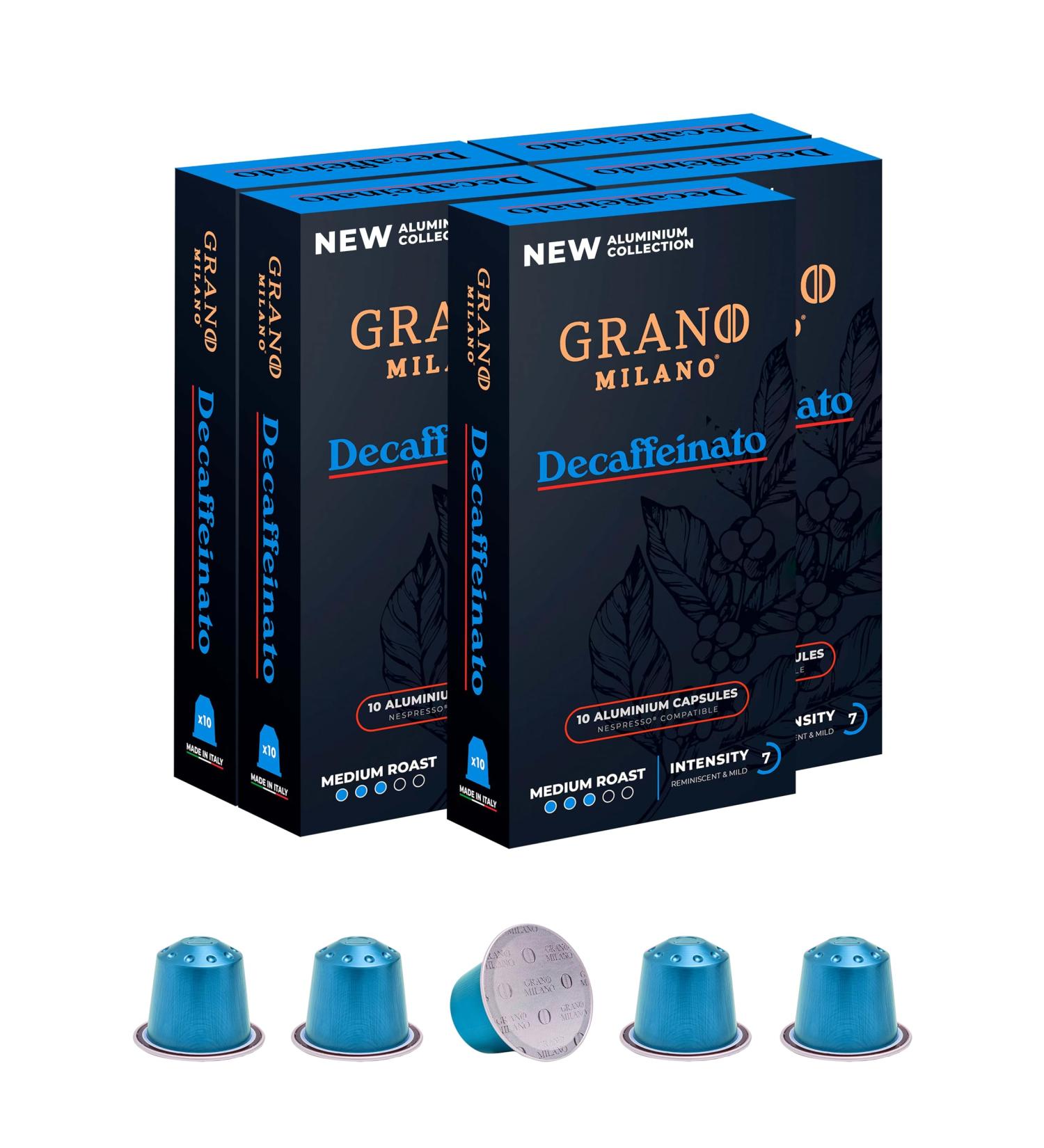 Grano Milano Decaffeinato 50 Coffee Pods - Nespresso Compatible Medium Roast Decaf Capsules from Italy - Intensity 7/12 - Buy Online on GoSupps.com