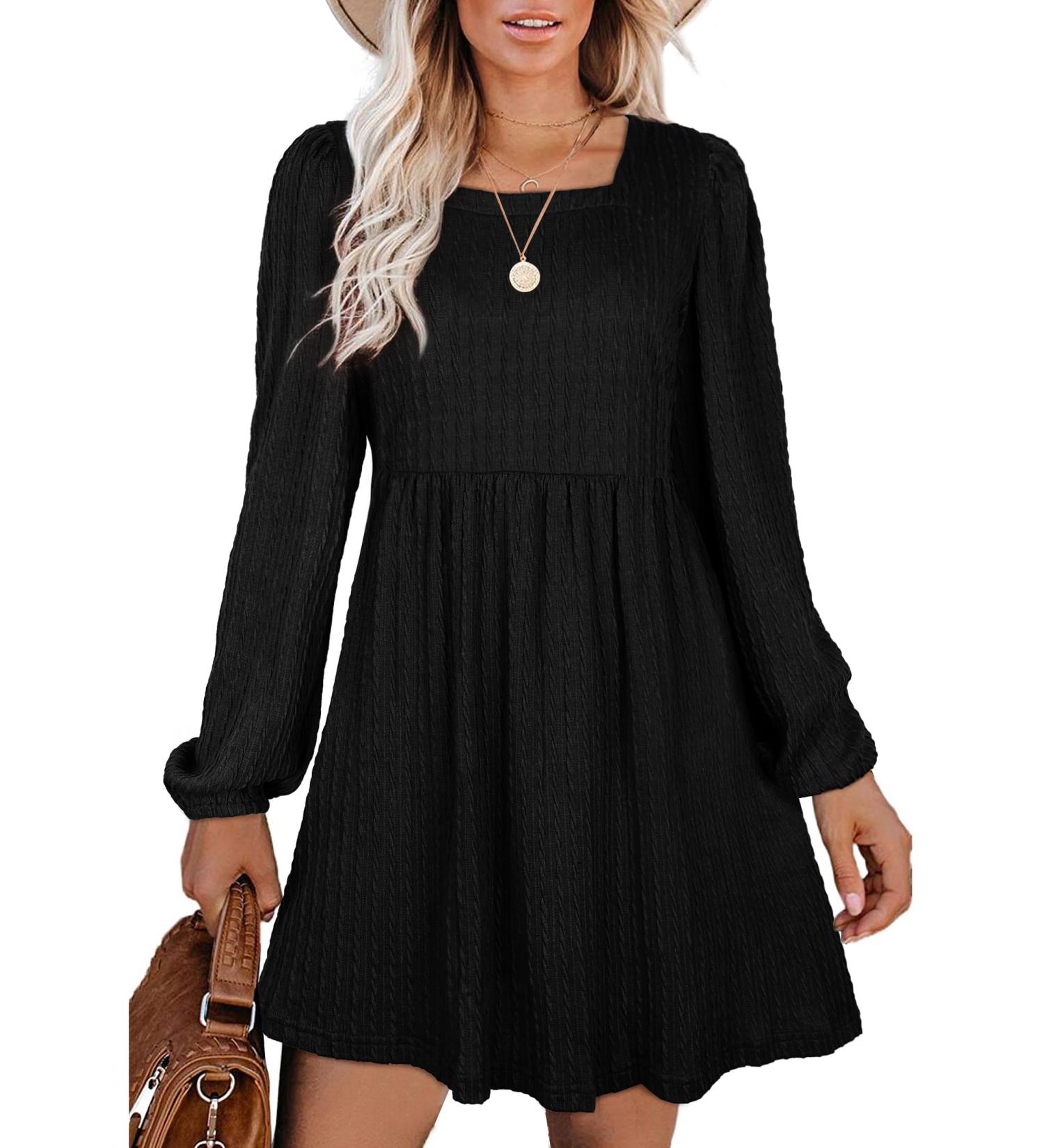 Aokosor Square Neck Long Sleeve Knit Dress - S Black | Knee-Length Babydoll Jumper Dress - Buy Online on GoSupps.com