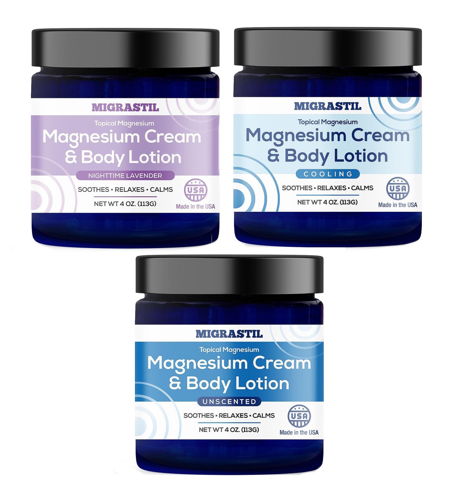 Migrastil Topical Magnesium Cream 3-Jar Bundle with Nighttime Lavender Cooling and Unscented Topical Magnesium Creams and Lotions Bundles. Made in The USA. - Buy Online on GoSupps.com