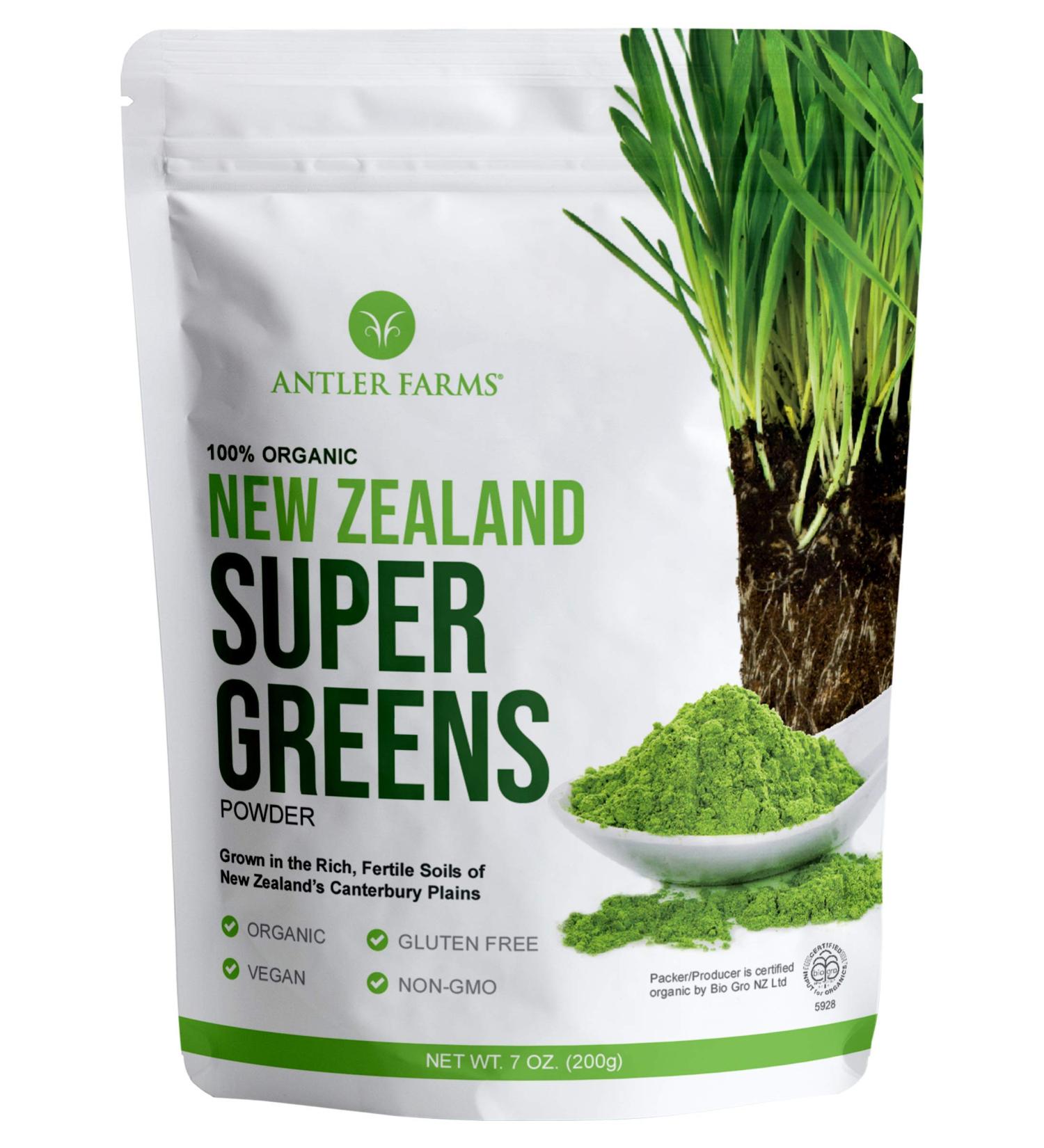 Antler Farms - 100% Pure Organic New Zealand Super Greens Powder  40 Servings  200g - Wheat Grass  Barley Grass  Chlorella  Spirulina - Vegan  Gluten Free  Chlorophyll Rich  for Energy and Detox - Buy Online on GoSupps.com