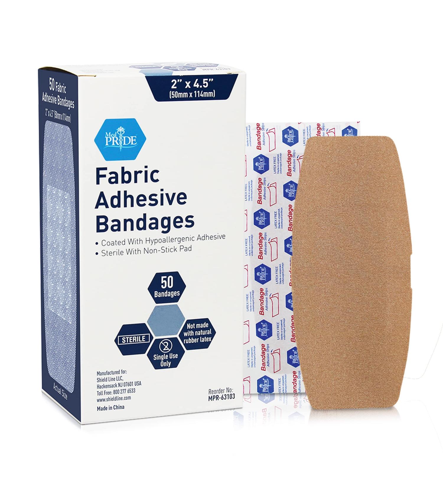 Medpride Sterile Fabric Adhesive Bandages [50 Count] | Hypoallergenic & Non-Stick | Latex-Free First Aid Wound Care - 2'' x 4.5'' - Individual Wrapped - Buy Online on GoSupps.com