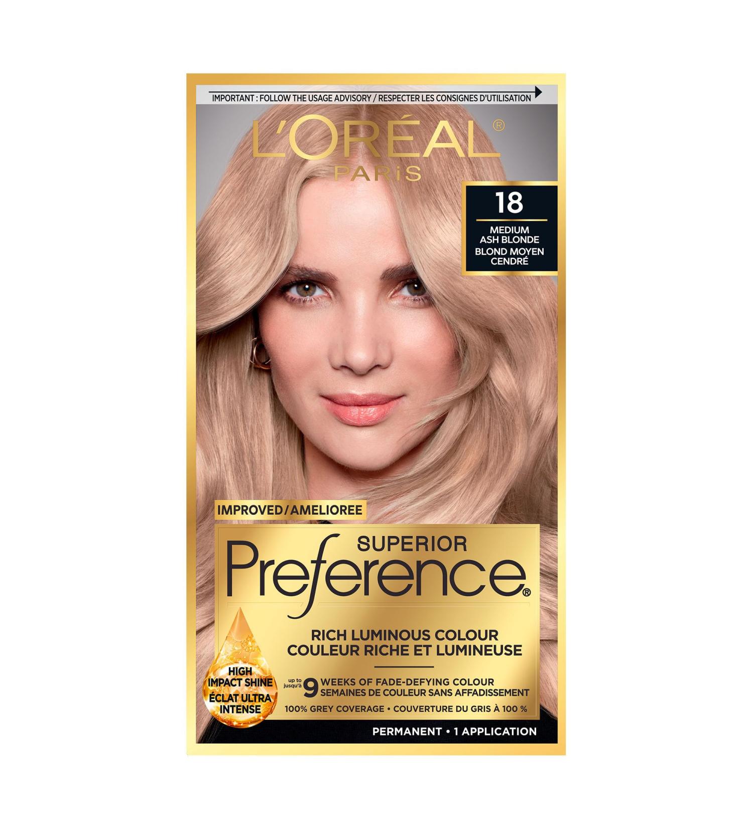 L'Oreal Paris Superior Preference 9 weeks of Luminous Fade-Defying Permanent Hair Dye 18 Medium Ash Blonde 100% Grey Coverage 1 Hair Dye Kit (Packaging May Vary) Medium Ash Blonde 1 count (Pack of 1) - Buy Online on GoSupps.com