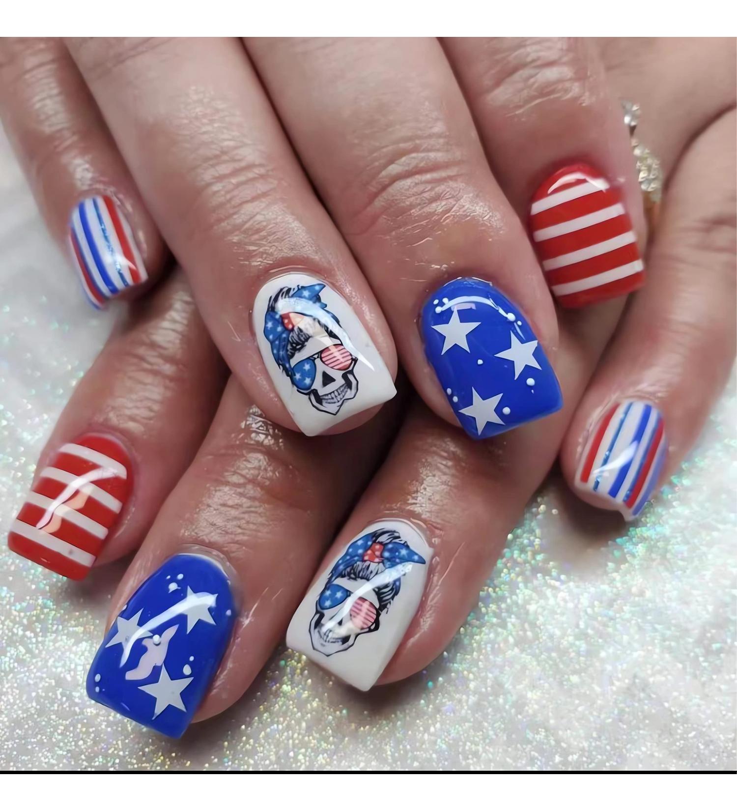 4th of July Short Square Press on Nails - Red, Blue, White Star & Skull Designs - 24Pcs - Buy Online on GoSupps.com