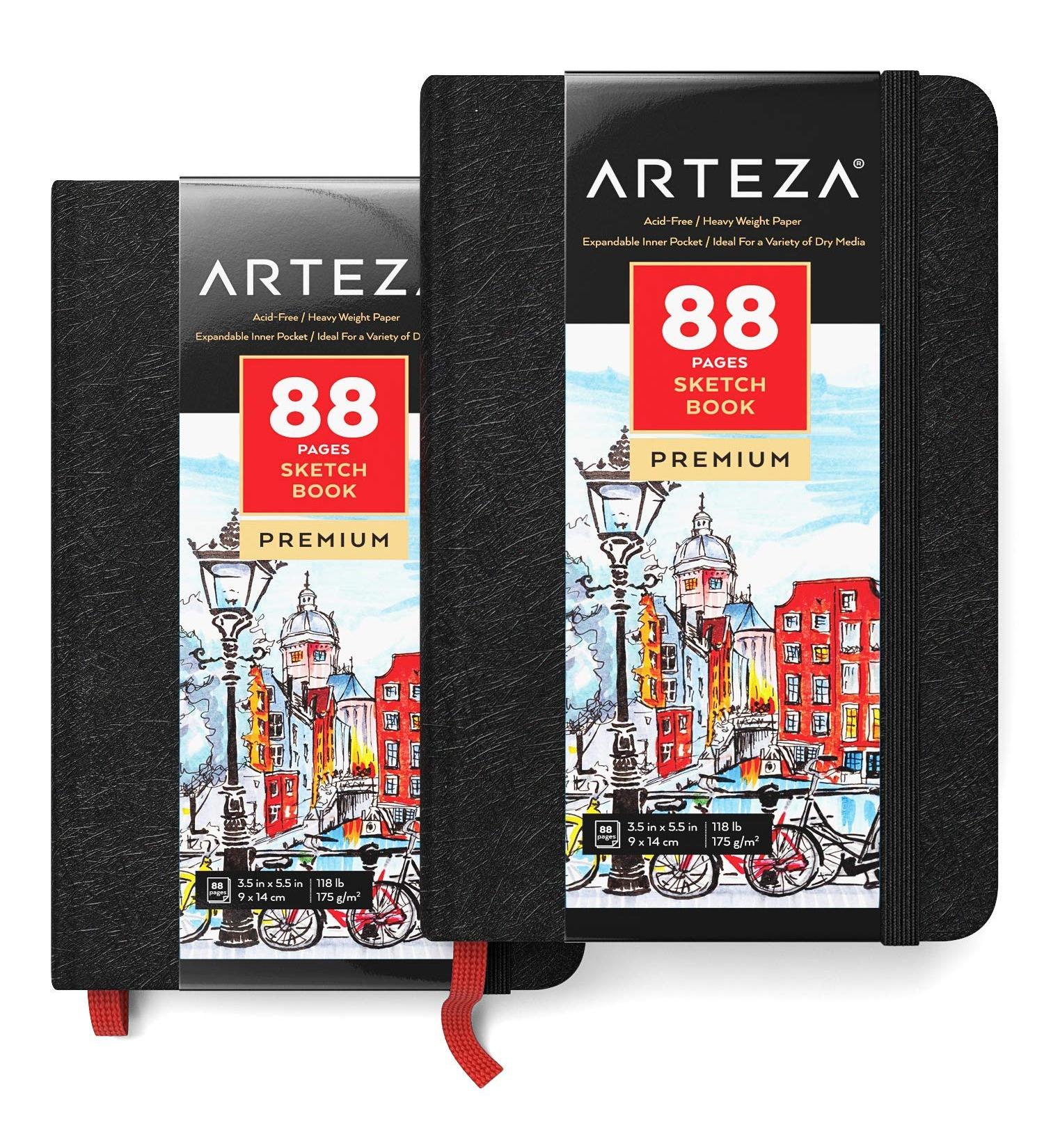 Arteza Small Sketch Book 3.5x5.5 Inches - Pack of 2 | 88-Page Drawing Pad with 118lb Paper, Bookmark Ribbon, Inner Pocket, Elastic Strap | Pocket Sketch Pads for Dry Media - 2 Pack - Buy Online on GoSupps.com