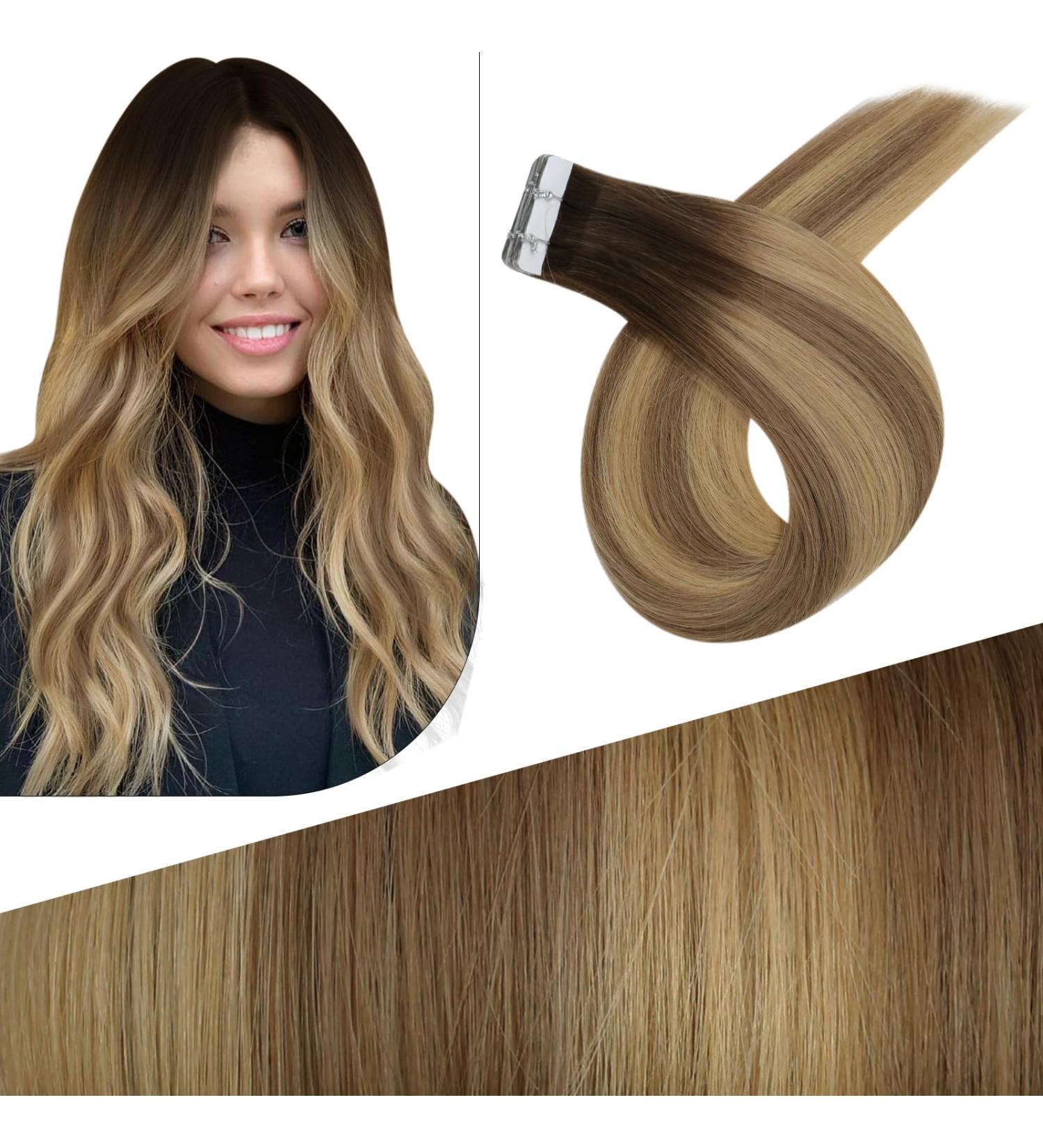 FSHINE Virgin Hair Tape Extensions - 50cm Real Hair Dark Brown to Light Blonde Balayage 10 Pieces - #3/8/25 #3/8/22 - International Shipping - Buy Online on GoSupps.com