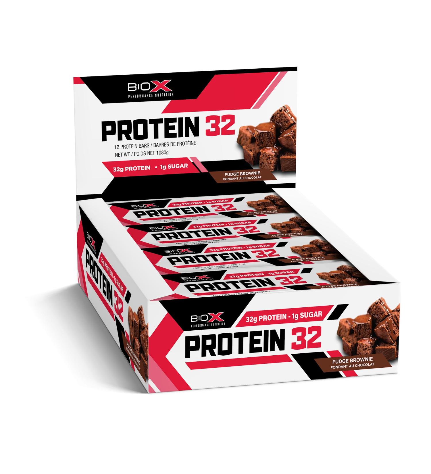 Buy BioX Protein 32 Bar - Delicious High Protein Low Sugar Bar (Fudge Brownie) - 32g Protein 1g Sugar Box of 12 - International Shipping Available - Buy Online on GoSupps.com