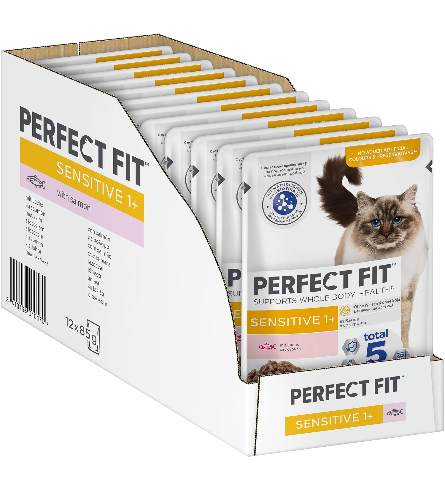 Perfect Fit Sensitive 1+ Wet Cat Food - Salmon in Sauce for Adult Sensitive Cats | Supports Digestion | 12 x 85g Pack - Buy Online on GoSupps.com