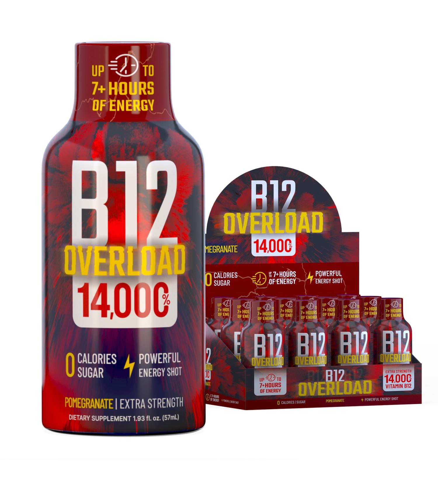 B12 Overload Extra Strength Energy Shot Pomegranate 260mg Caffeine 14000% B12 Electrolytes Energy & Vitality Support Zero Sugar No Calories Vegan Kosher Gluten-Free 1.93 fl oz 12-Pack Pomegranate 12-Pack - Buy Online on GoSupps.com