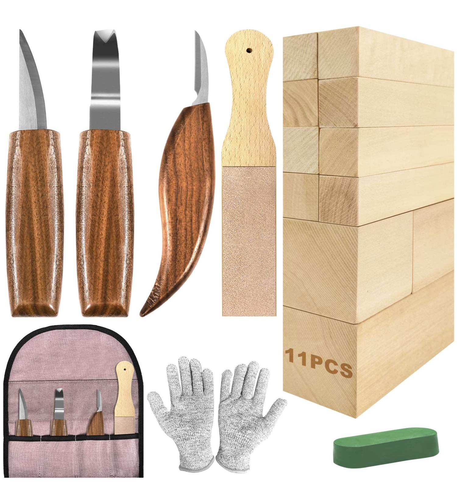 Wood Carving Kit for Beginners - 19PCS Tools with 3 Whittling Knives, Basswood Blocks, Gloves, Strop Block, Polishing Compound - Hobbies for Adults - Buy Online on GoSupps.com