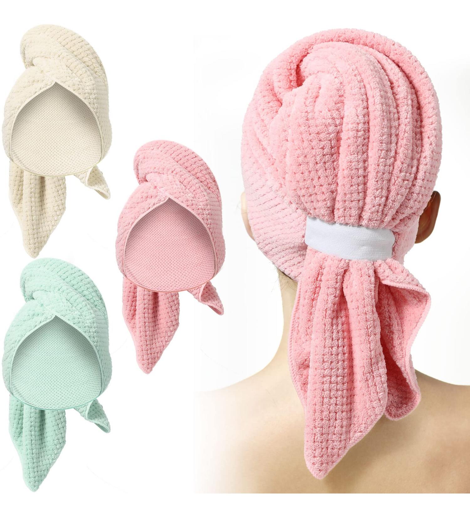 3 Pack Microfiber Hair Towel Set - Absorbent Hair Turban for Quick Drying - Ideal for Women & Men with Long, Curly Hair - Pink, Green, White - Buy Online on GoSupps.com