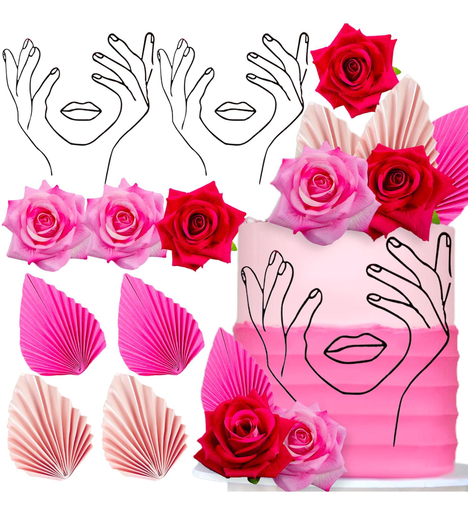 JeVenis Rosa Acrylic Minimalist Art Lady Face Cake Topper Pink Rose Cake Topper Gold Palm Leaves Wedding Cake Toppers for Wedding Bridal Shower Birthday Party - Buy Online on GoSupps.com