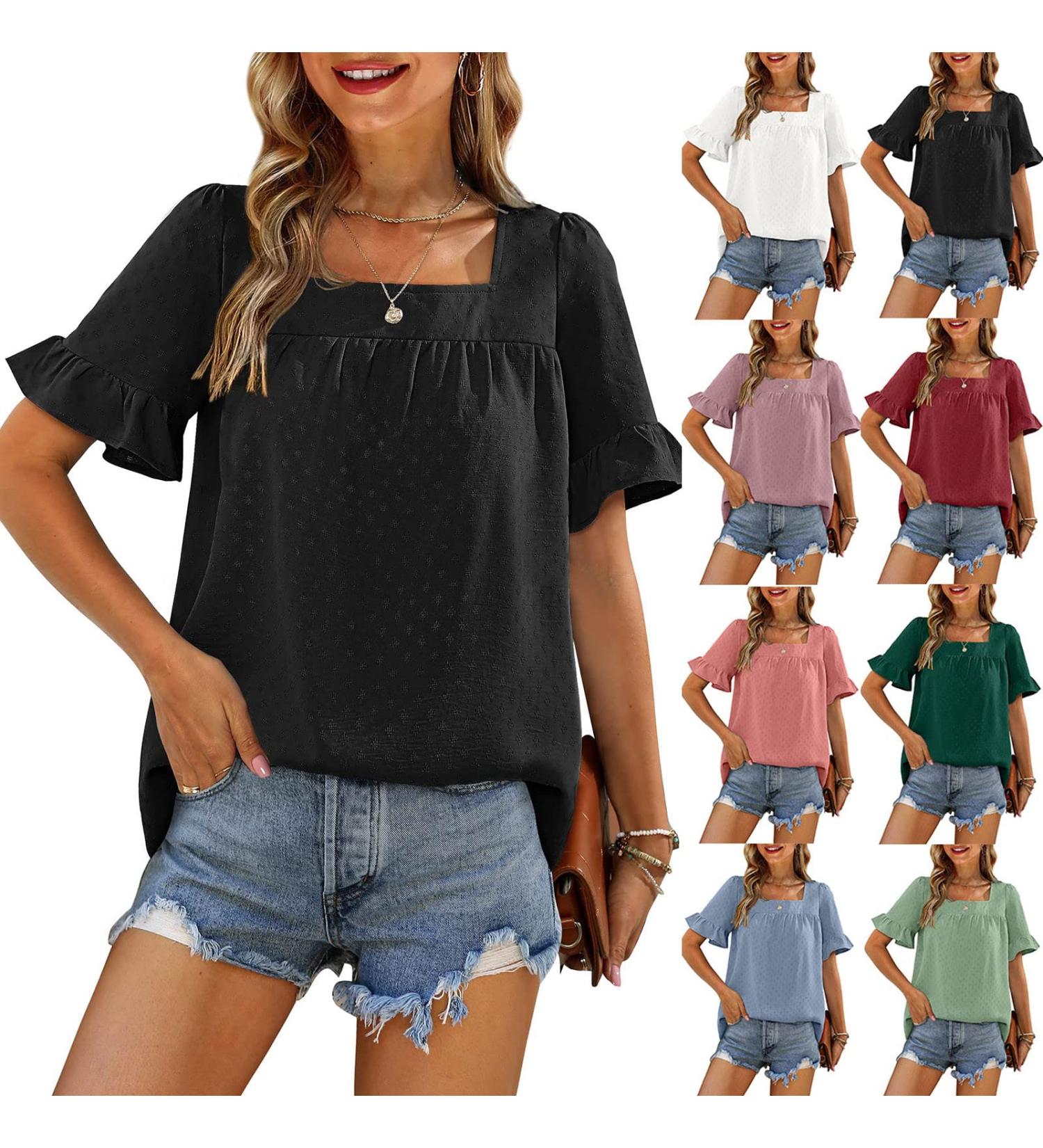 Women's Square Neck Ruffle Sleeve Blouse - Summer Casual Top | Medium | Black - Buy Online on GoSupps.com