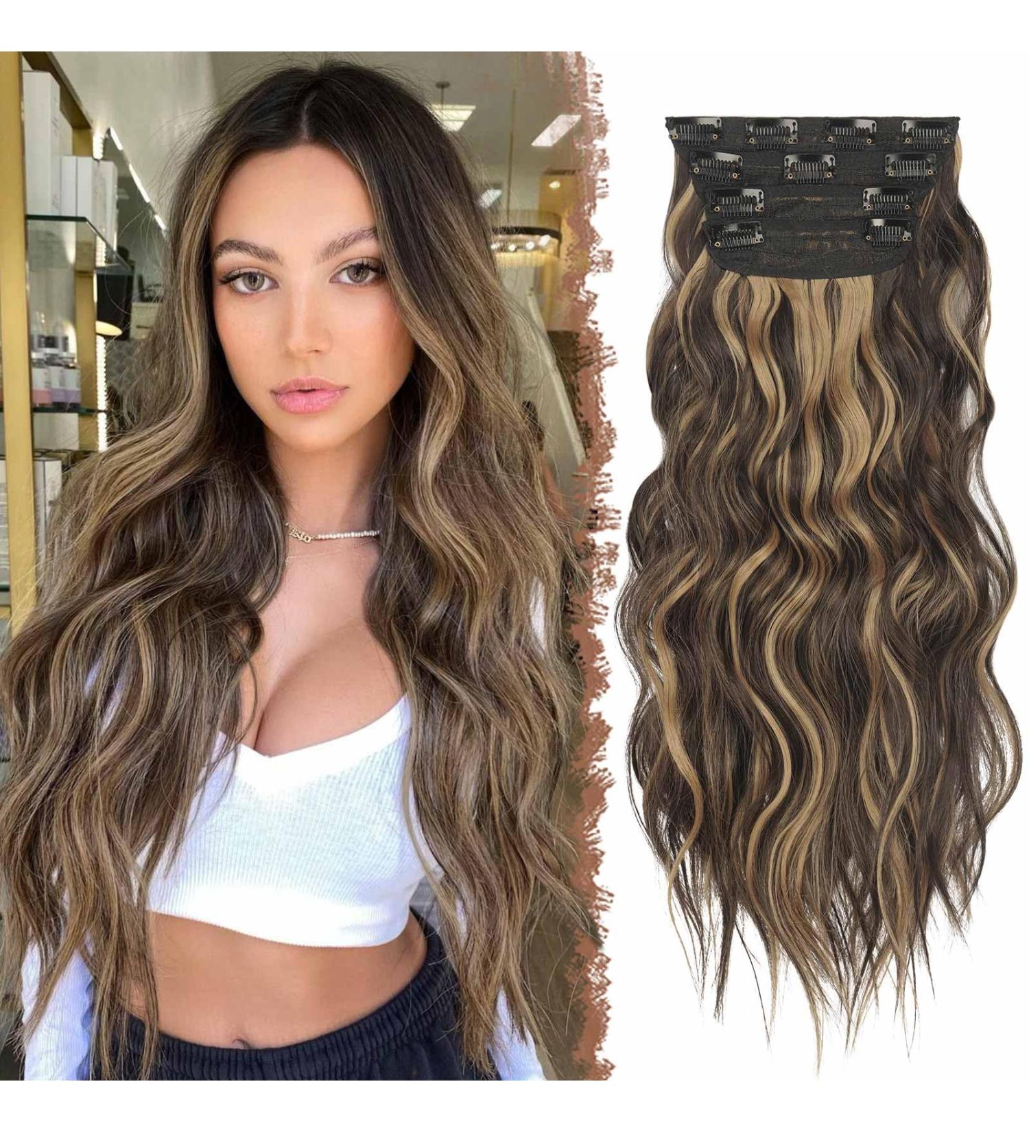 Feshfen Clip-In Hair Extensions - 4PCs Synthetic Wavy Extensions Chocolate Brown & Caramel Blonde Highlights - 50 cm for Women - Buy Online on GoSupps.com