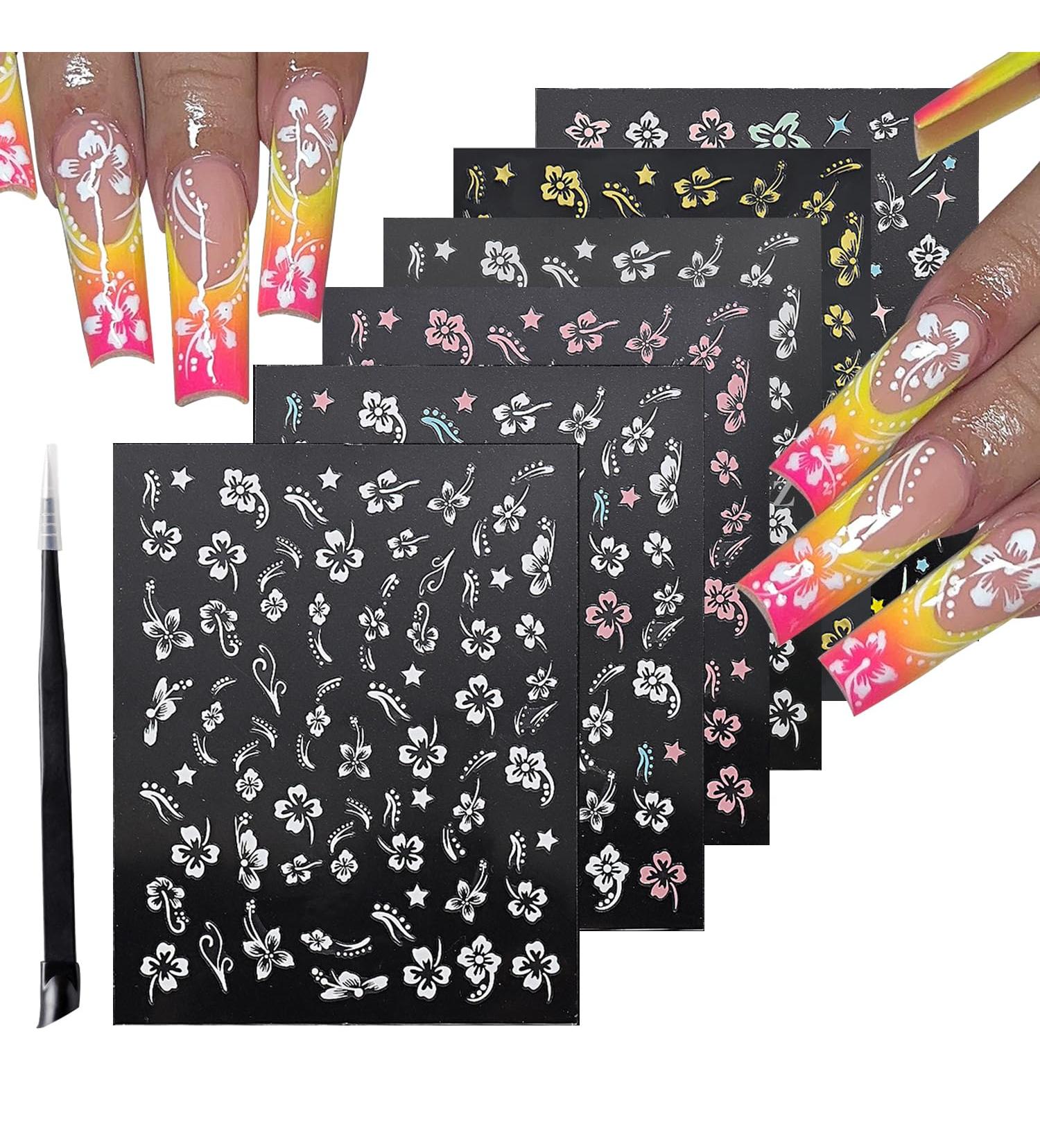 3D Hibiscus Flower Nail Stickers | Self-Adhesive Nail Decals - Elegant Floral Designs for Women & Girls - Tropical Leaf Art Supplies (6 Sheets - Buy Online on GoSupps.com