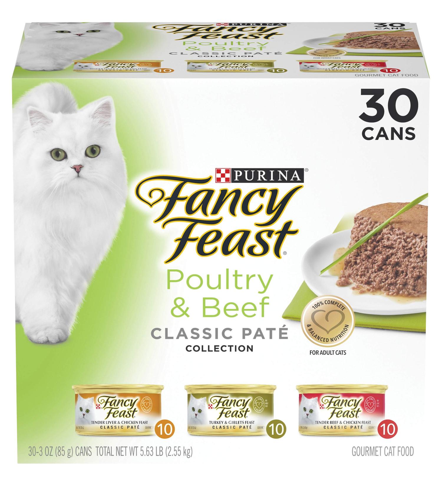 Purina Fancy Feast Grain Free Pate Wet Cat Food Variety Pack - Poultry & Beef Collection - 30 Cans - 3 oz - Buy Online on GoSupps.com