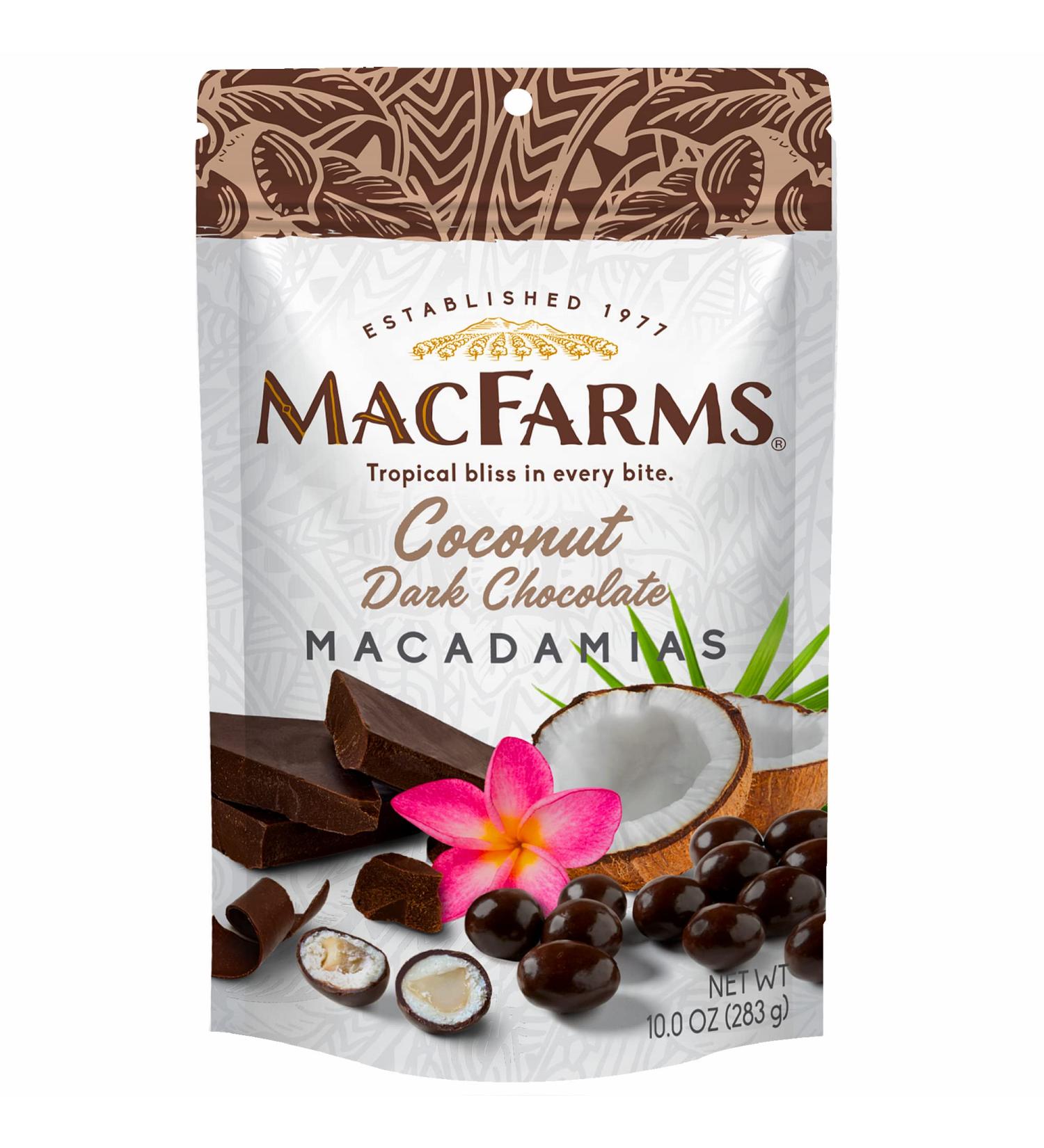 MacFarms Coconut Dark Chocolate Macadamia Nuts - 10 oz (Pack of 1) - Buy Online on GoSupps.com