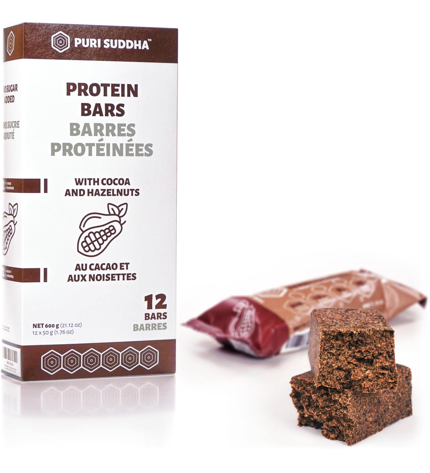 PURI SUDDHA Protein Bars Cocoa and Hazelnuts (Pack of 12) High Protein Snacks No Sugar Added Energy Chocolate Bars in Family Package 600 g