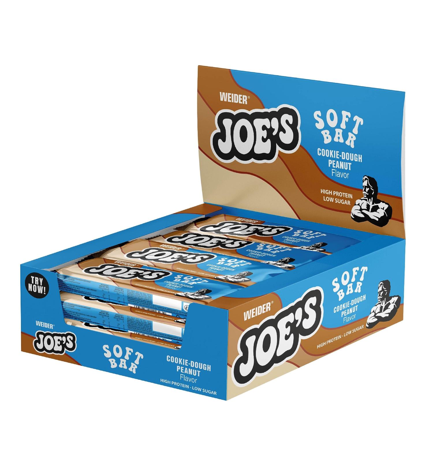 Weider Joe's Soft Bar (12x50g) Cookie Dough-Peanut. High Protein & Low Sugar Bar with Extra Soft Protein Core Caramel Layer & Milk Chocolate Coating 28% Protein up to 10% real Peanuts max 200 kcal PEANUT-COOKIE DOUGH 12x50g - Buy Online on GoSupps.com
