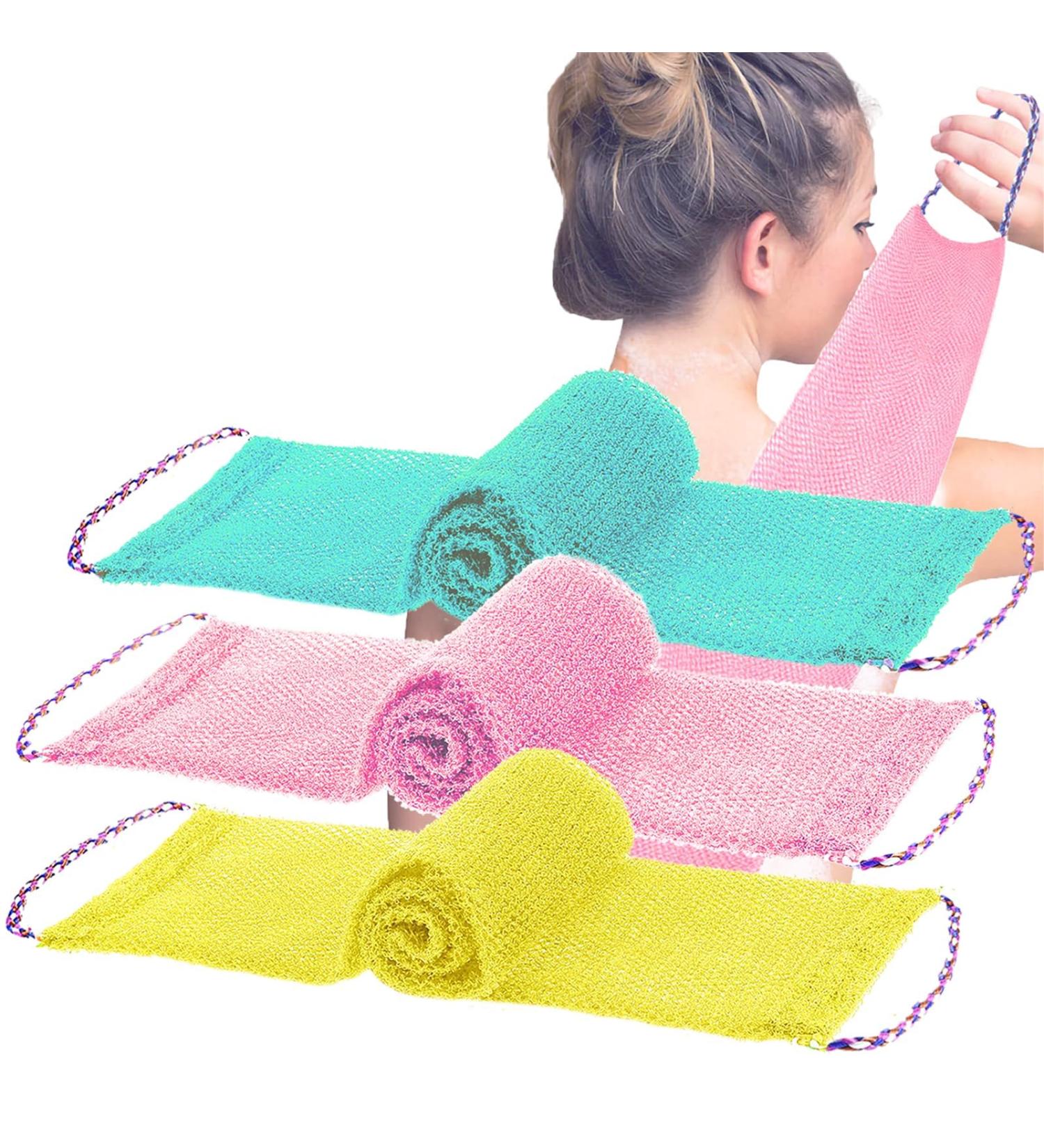 3-Piece African Bath Sponge Set - Exfoliating Body Scrubbers for Men & Women - Daily Skin Smoother - Pink Green Yellow - Buy Online on GoSupps.com
