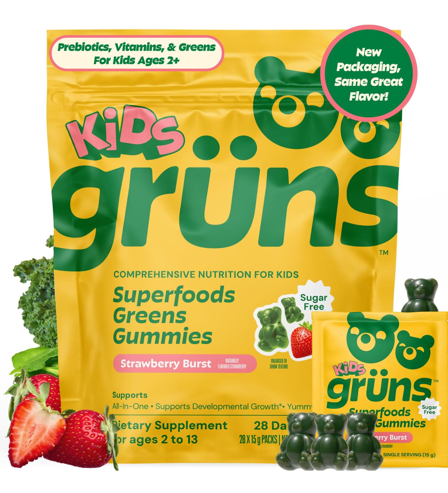 Gruns Multivitamin for Kids Sugar-Free Super Greens Superfood Gummy Bears with 20 Vitamins & Minerals Alfalfa Spirulina Chlorella Prebiotics Fiber for Digestive Health Adaptogens 28 ct - Buy Online on GoSupps.com