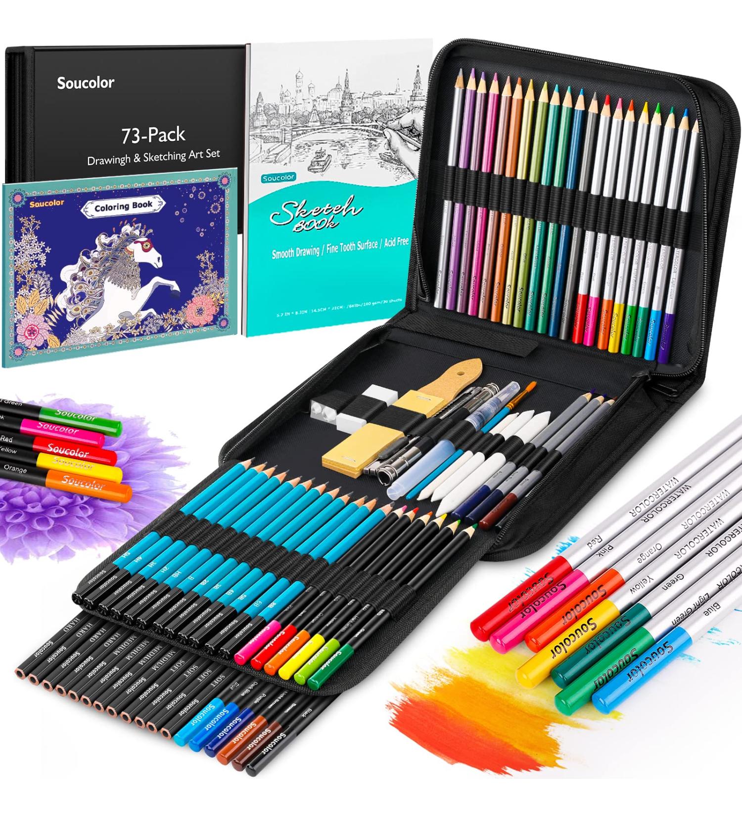 Soucolor 73 Art Supplies Kit for Adults, Teens, and Kids - Drawing Pencils Set in Zipper Case with Sketch and Coloring Books - Ideal for Beginners - Includes Metallic and Charcoal Pencils - Buy Online on GoSupps.com