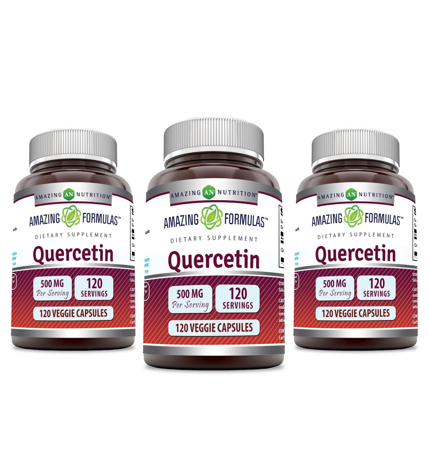 Amazing Formulas Quercetin 500mg Veggie Capsules Supplement | Non-GMO | Gluten Free | Supports Overall Health & Well Being (120 Count | 3 Pack)