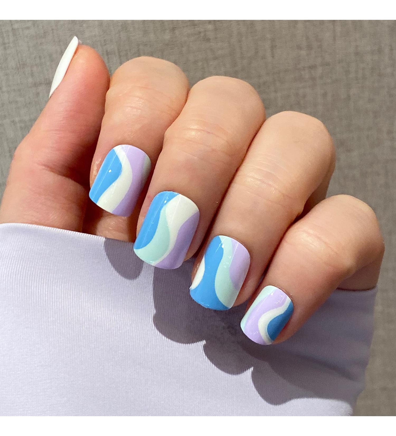 Novo Ovo Short Corner Oval Press On Nails - Purple White Green Strudel - Lavender Stick Artificial Fingernails with Glue for Valentine's Day | International Shipping - Buy Online on GoSupps.com