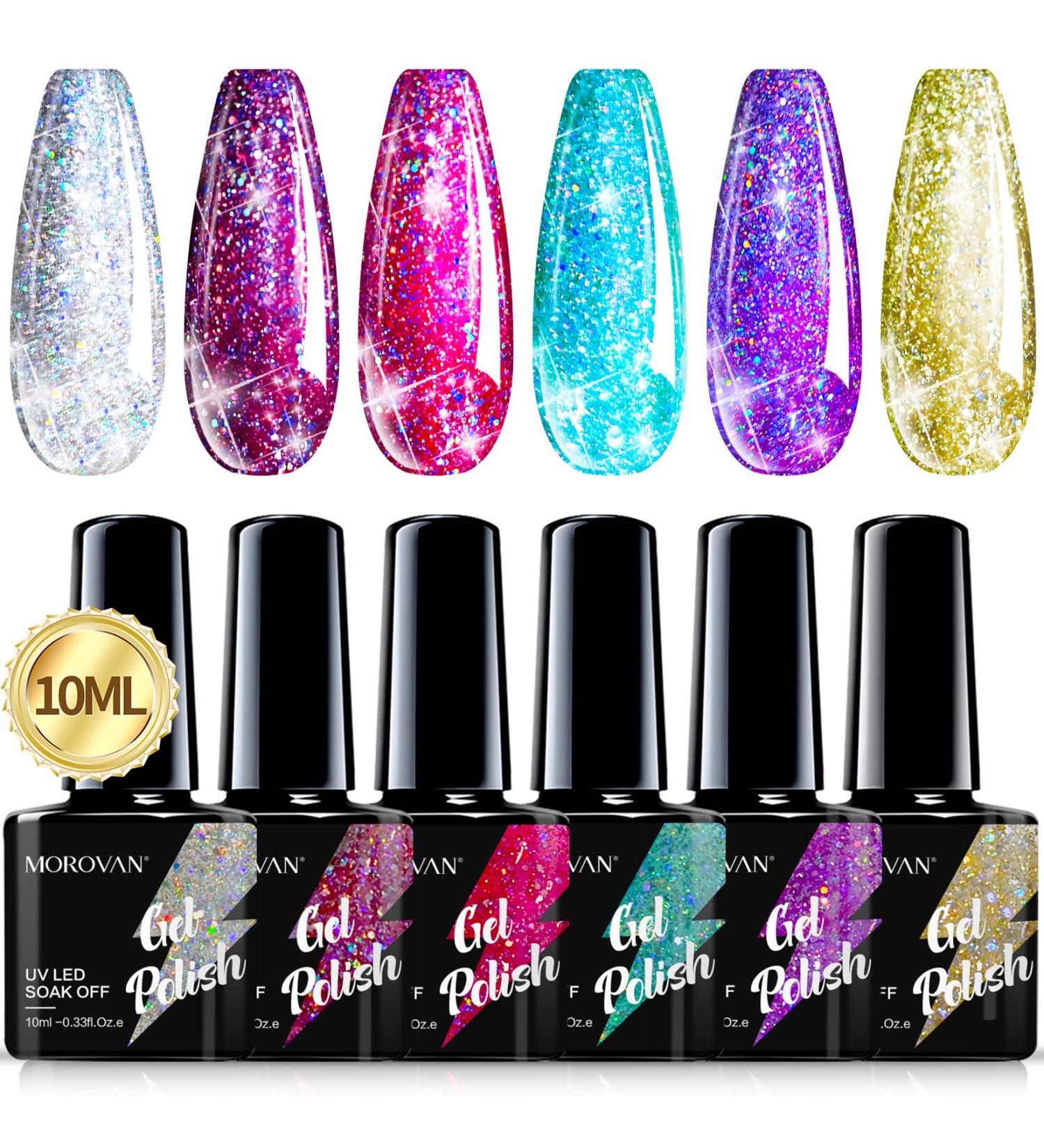 Morovan 6-Piece Gel Nail Polish Set - Glitter Silver Gold Soak-Off UV Gel Polish Kit in Gift Box - Sparkle Queen DIY Manicure - 10ml Each - Buy Online on GoSupps.com