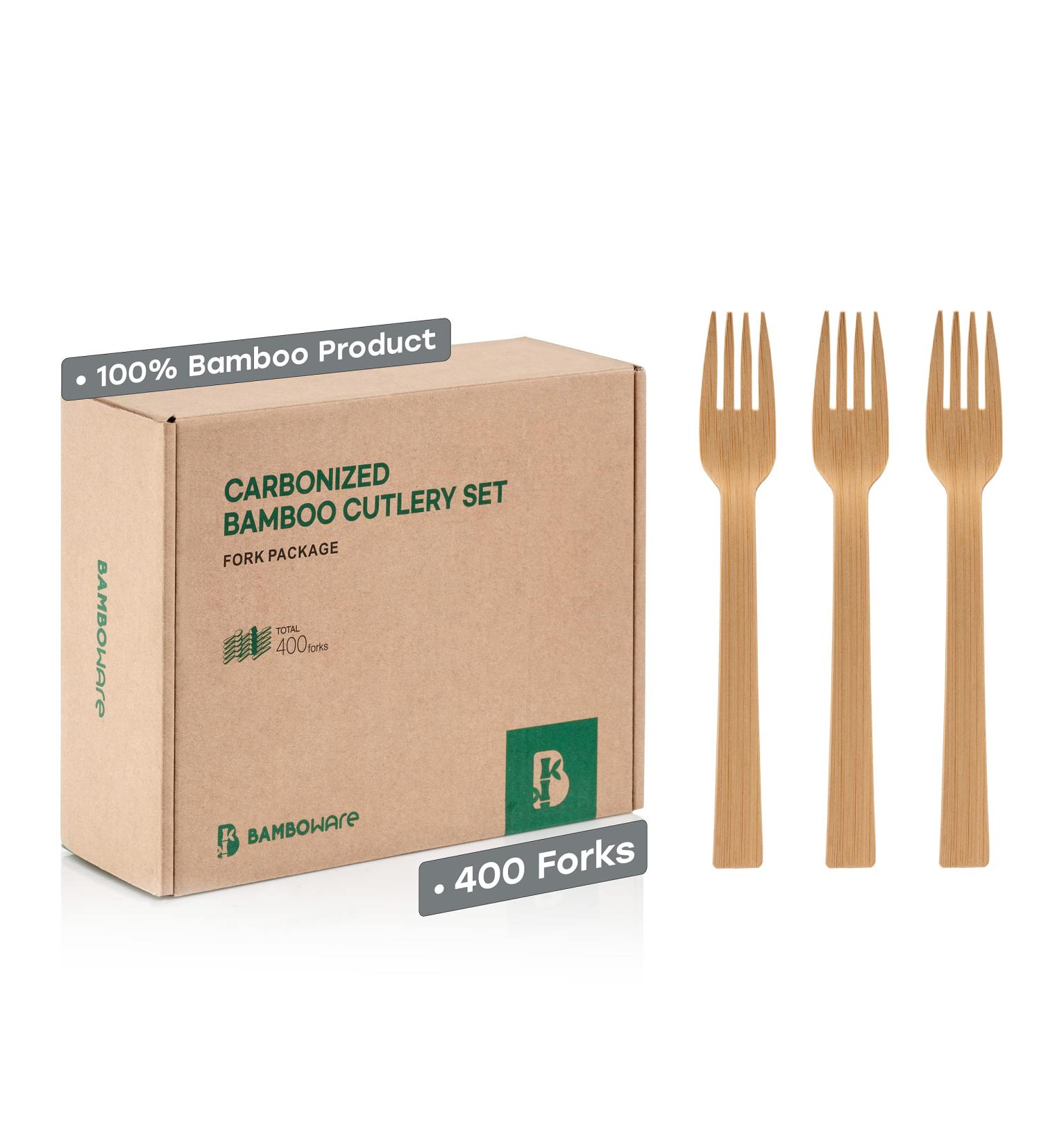 400 Bamboo Carbonized Forks - Biodegradable & Sanitized Disposable Cutlery - Buy Online on GoSupps.com