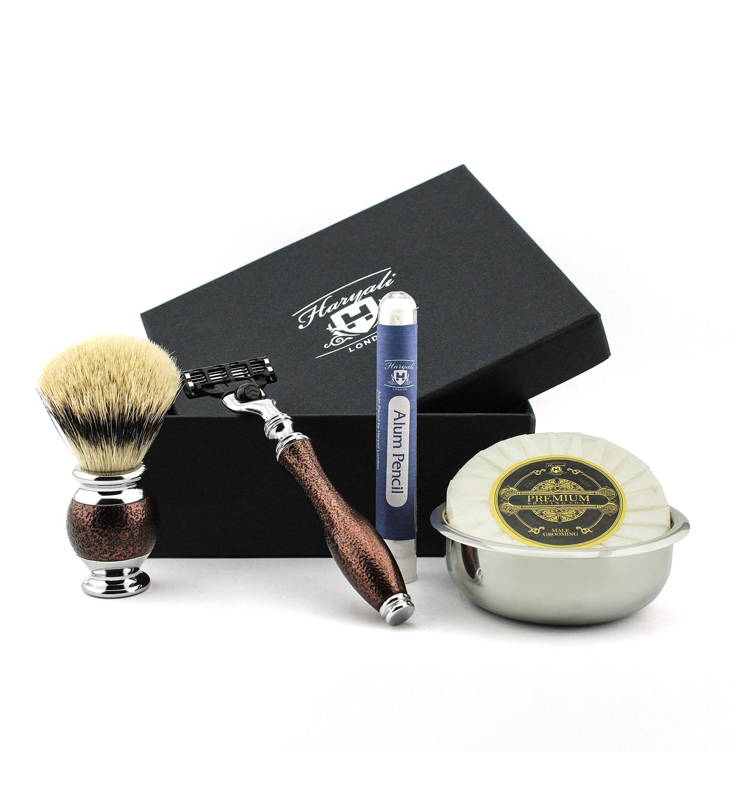 5Pc Men's Grooming & Shaving Kit - 3 Edge Razor Silver Tip Badger Hair Brush Bowl Soap & Alum - Perfect Gift Set for Men - Buy Online on GoSupps.com