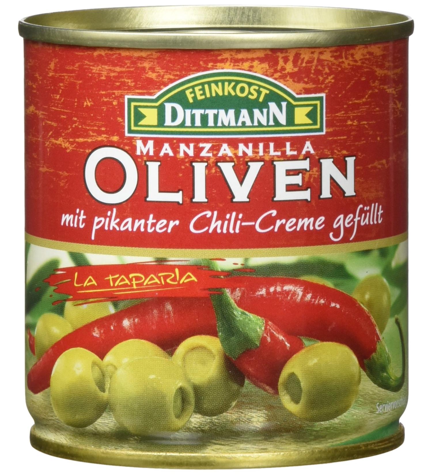 Feinkost Dittmann Green Olives Filled with Chili Cream - Pack of 8 (8 x 85g) | Gourmet International Shipping - Buy Online on GoSupps.com