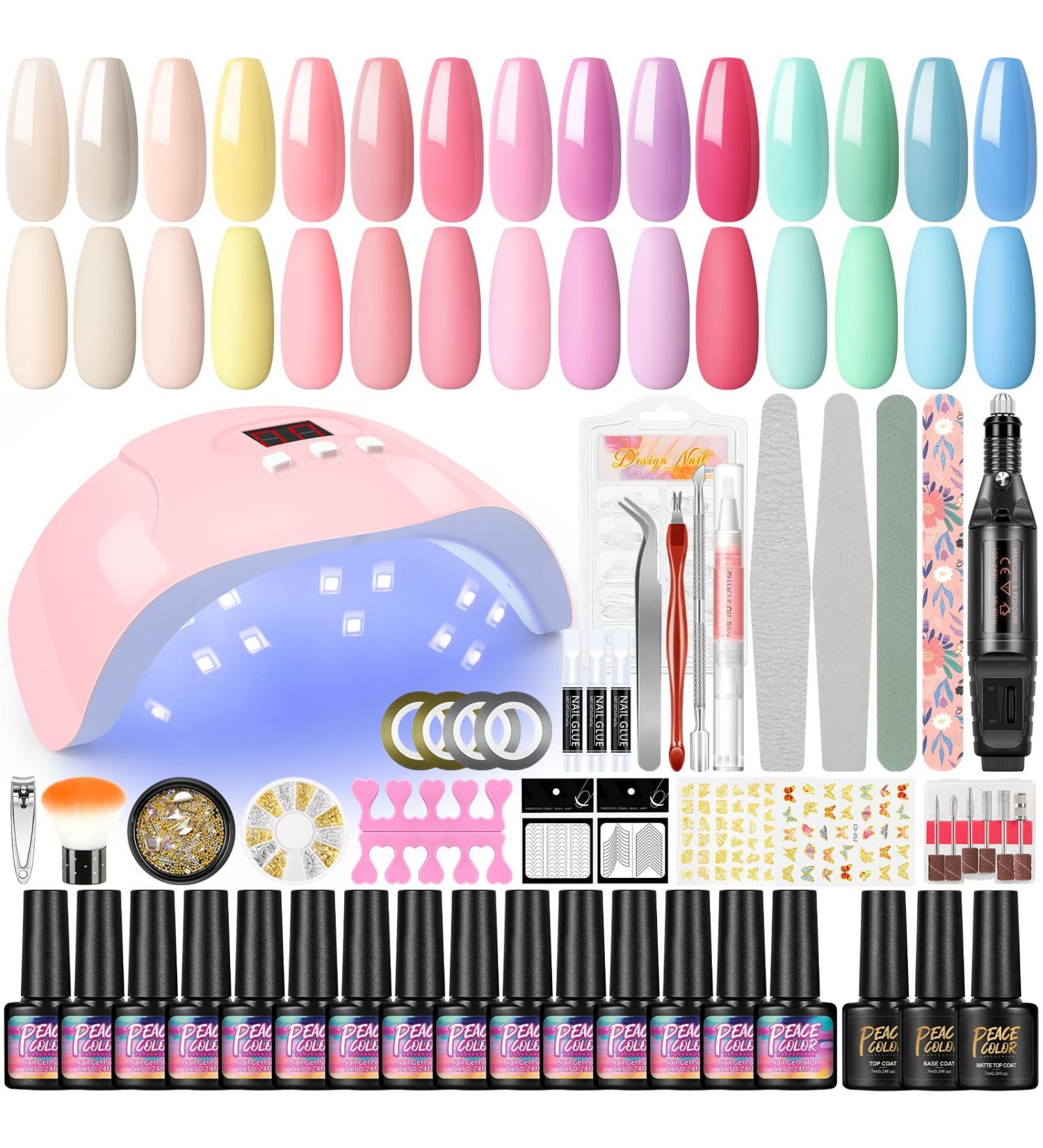 PEACECOLOR Gel Nail Kit with Electric Nail File - 15Pcs Gel Nail Polish Sets | 36W UV/LED Nail Lamp, Top/Base Matte Coat | Professional Manicure Tools & Decoration - PH0021 - Buy Online on GoSupps.com