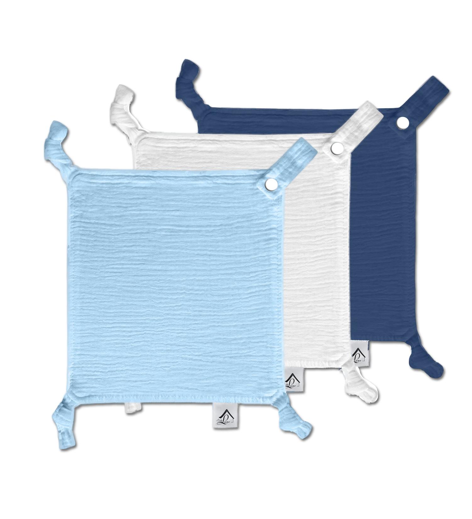 Baby Luxe 5-in-1 Mini Muslin Square Bib Toy Holder Washcloth Comforter Set (Baby Blue Navy White) - Clip Attachment for Baby Bag Pacifiers Teething Toys - Set of 3, 23x23cm - Buy Online on GoSupps.com