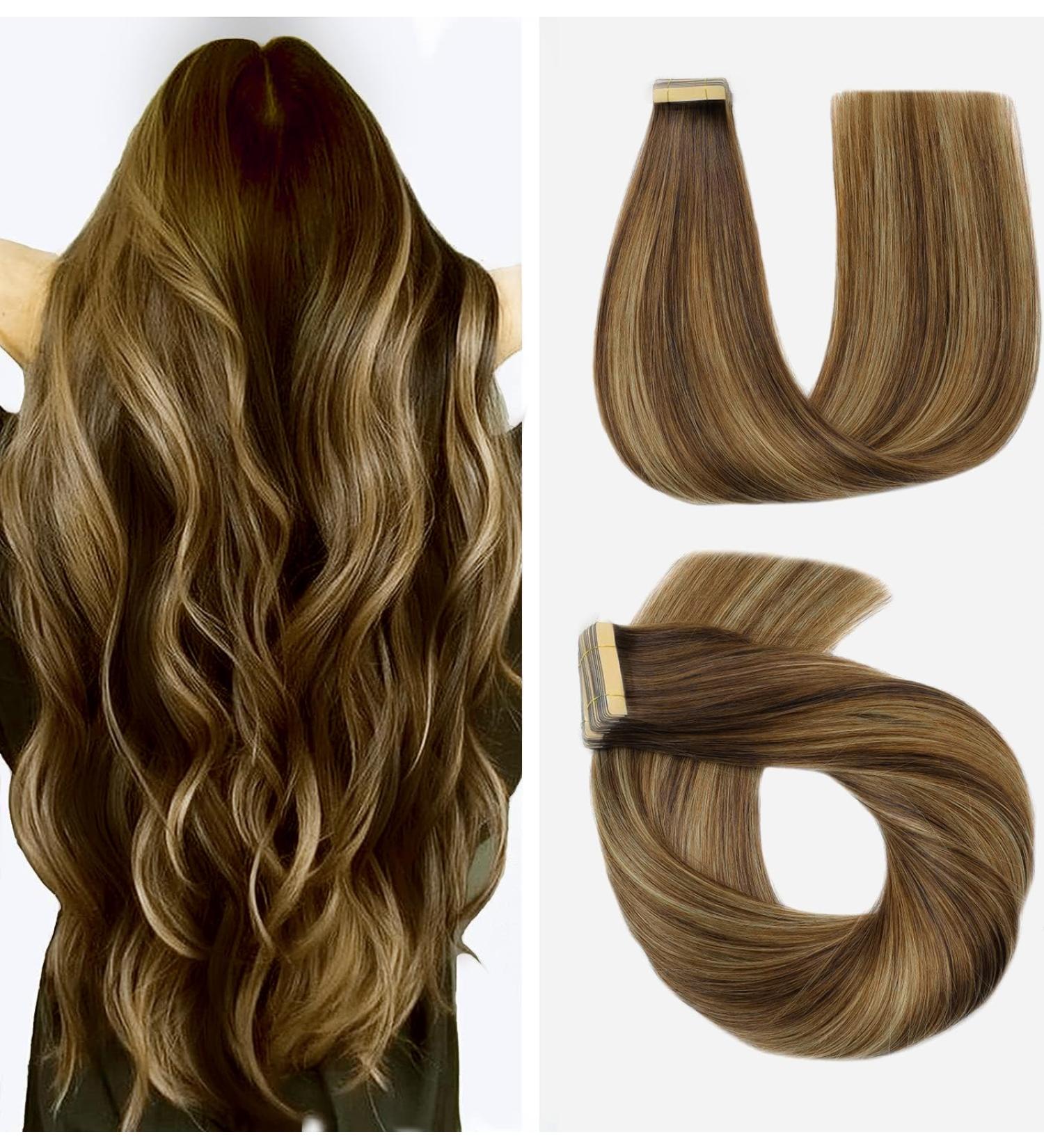 Hotlulana Balayage Tape Extensions - Chocolate Brown to Caramel Blonde (#4/4/27) | Real Hair 16 (40cm) Invisible Skin Weft | 20 Pieces - Buy Online on GoSupps.com