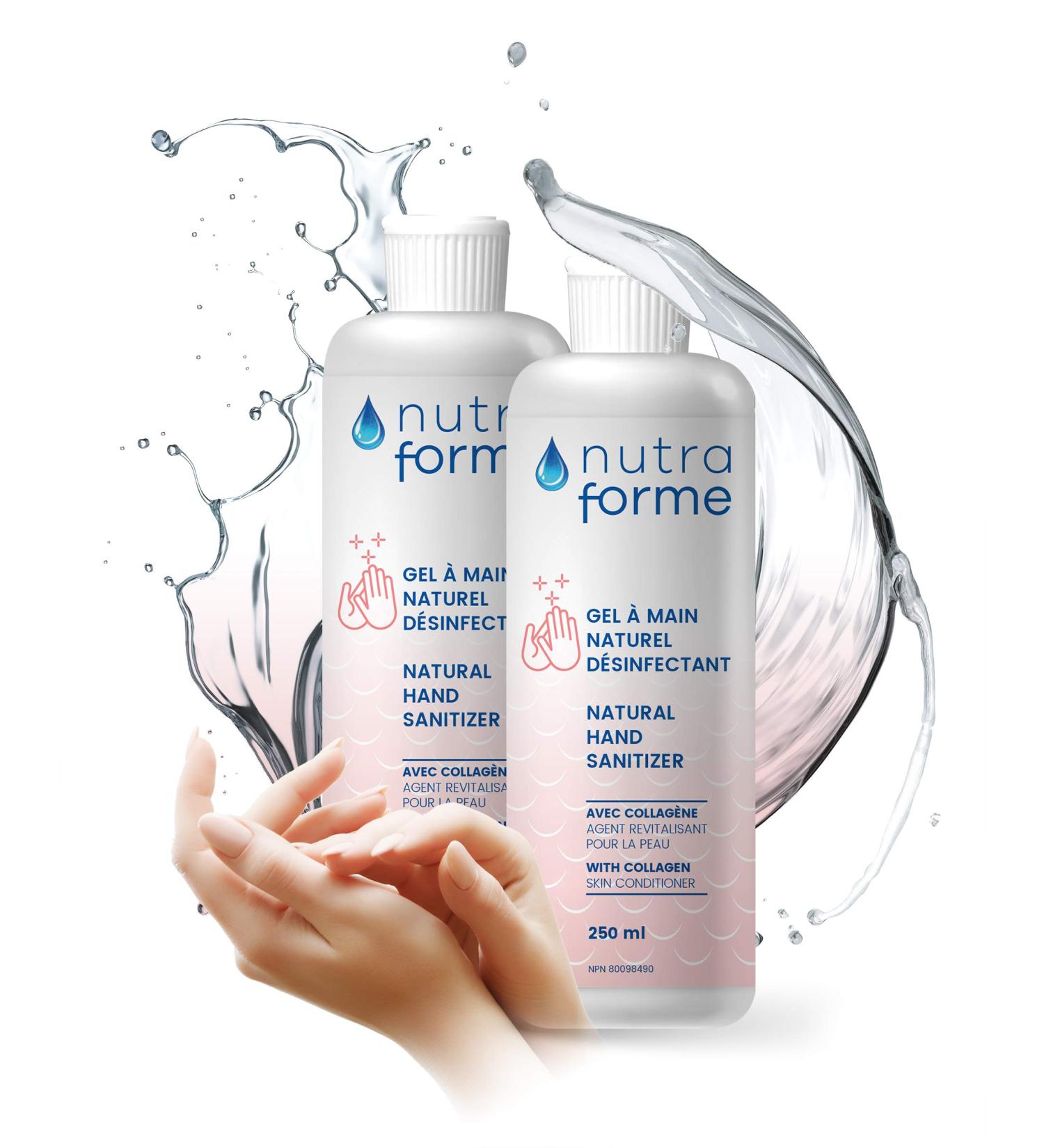 Made in Canada 2 PACK Hand Sanitizer By Nutra Forme USP-Grade Alcohol With Collagen Skin Conditionner Natural Quick Drying Formula Sweet Smell. 2 x 250 ml Bottles. - Buy Online on GoSupps.com