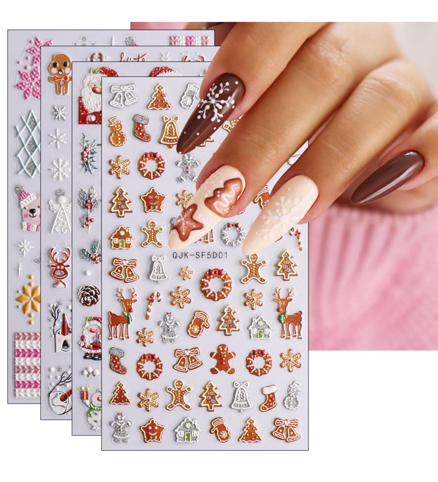 JMEOWIO 3D Embossed Christmas Glitter Nail Art Stickers Decals Self-Adhesive 5D Snowflake Xmas Winter Holiday Cute Cookies Nail Supplies Nail Art Design Decoration Accessories 4 Sheets - Buy Online on GoSupps.com