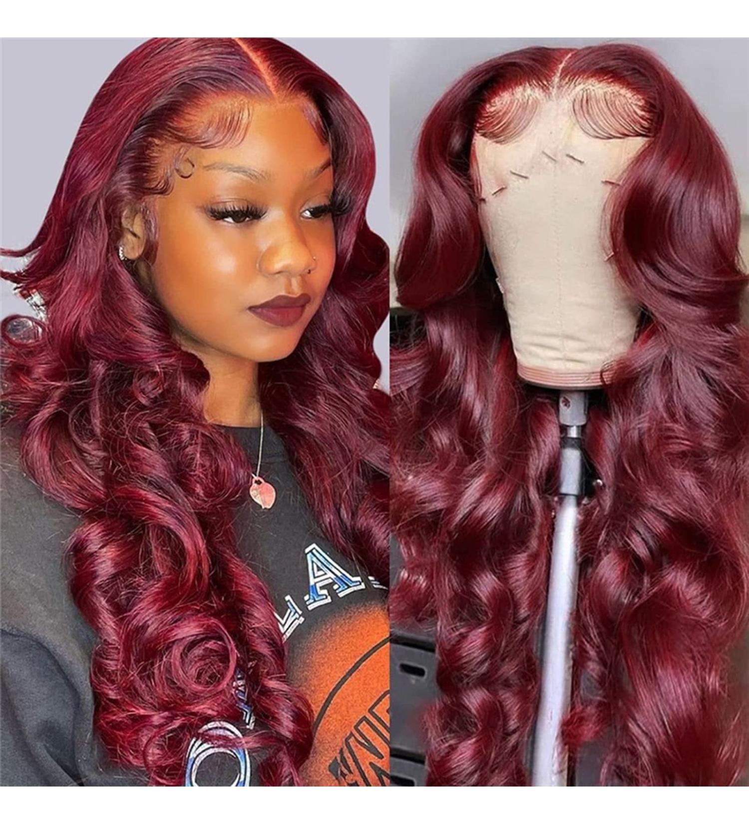 99J Burgundy Body Wave Lace Front Wig | Human Hair | 24 Inch 180% Density Pre Plucked Glueless Wig for Black Women - Buy Online on GoSupps.com