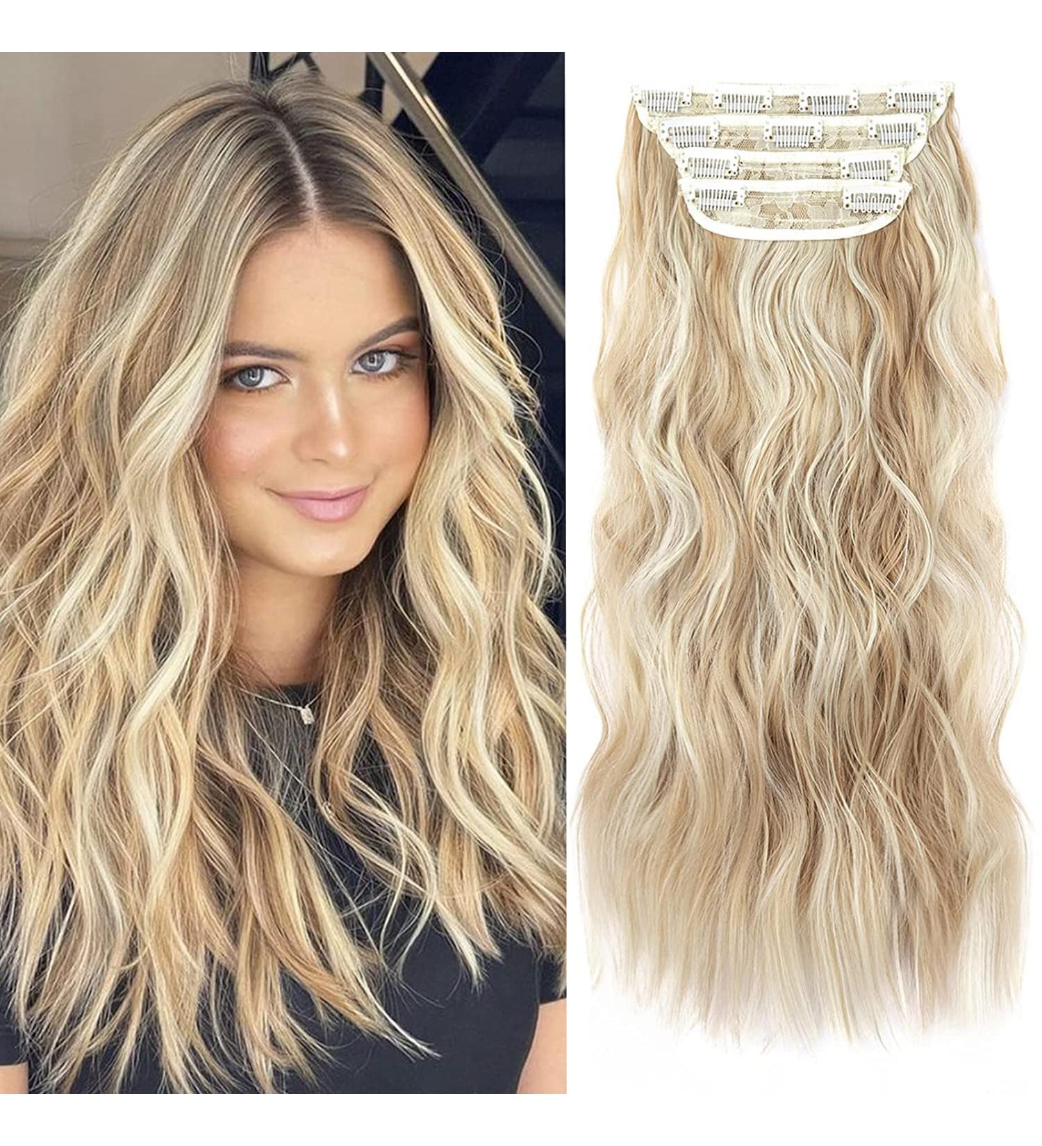 20 Curly Blonde Clip in Hair Extensions - 4Pcs Soft Synthetic Wavy Hair Pieces for Women - Dark Golden Mix Beige Blonde Color - Buy Online on GoSupps.com