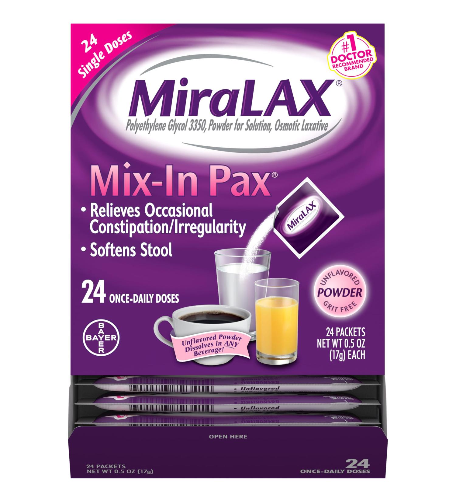MiraLAX Gentle Constipation Relief Laxative Powder Stool Softener with PEG 3350 No Harsh Side Effects 1 Doctor & OBGYN Recommended Single Dose Mix-in Pax Travel Pack 24 Dose - Buy Online on GoSupps.com