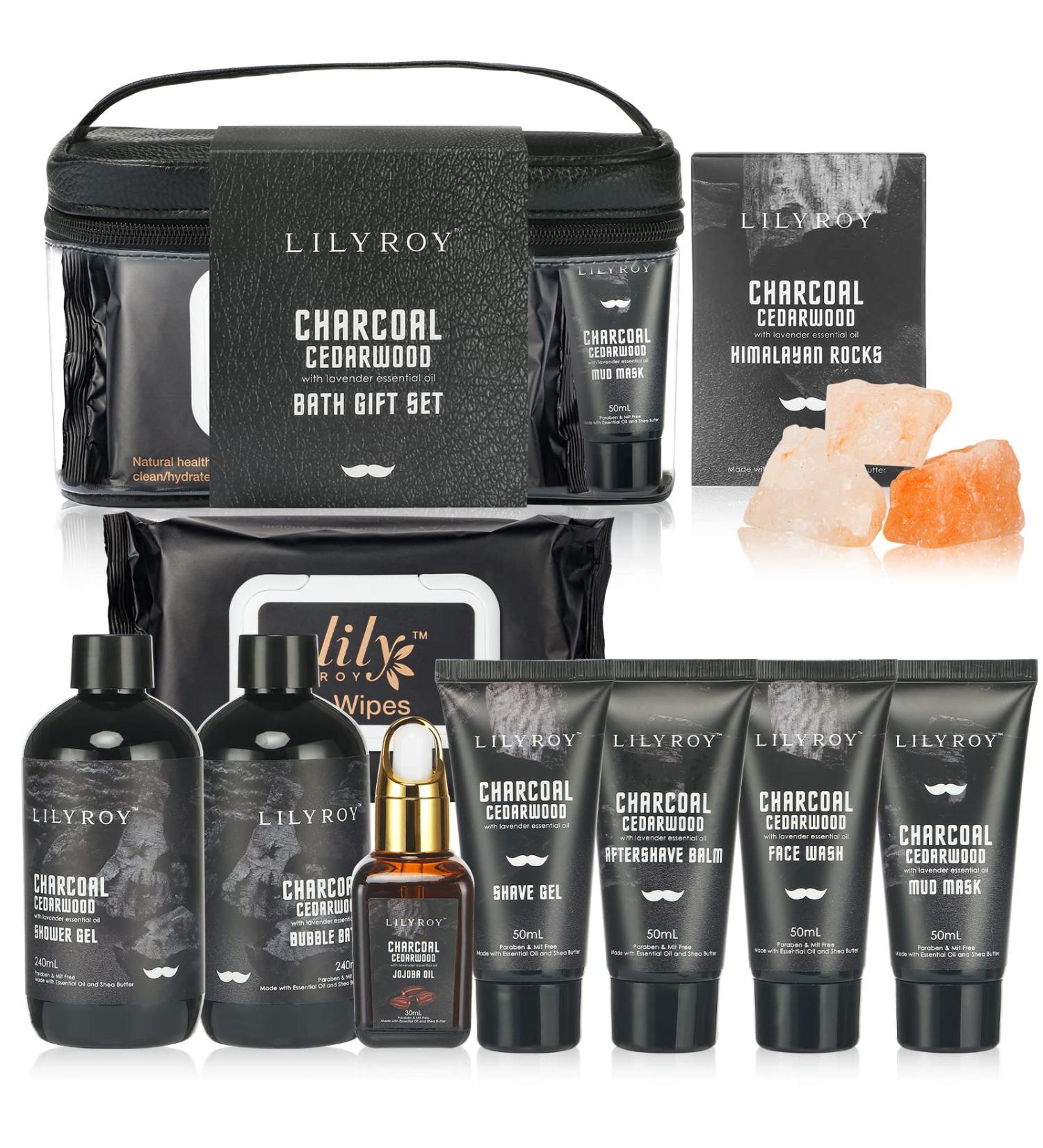 Men's Spa Gift Set for Father's Day - 10Pcs Charcoal Cedarwood Spa Kit with Jojoba Oil, Aftershave Balm, Shave Gel & More - Gift Basket for Dad - Buy Online on GoSupps.com
