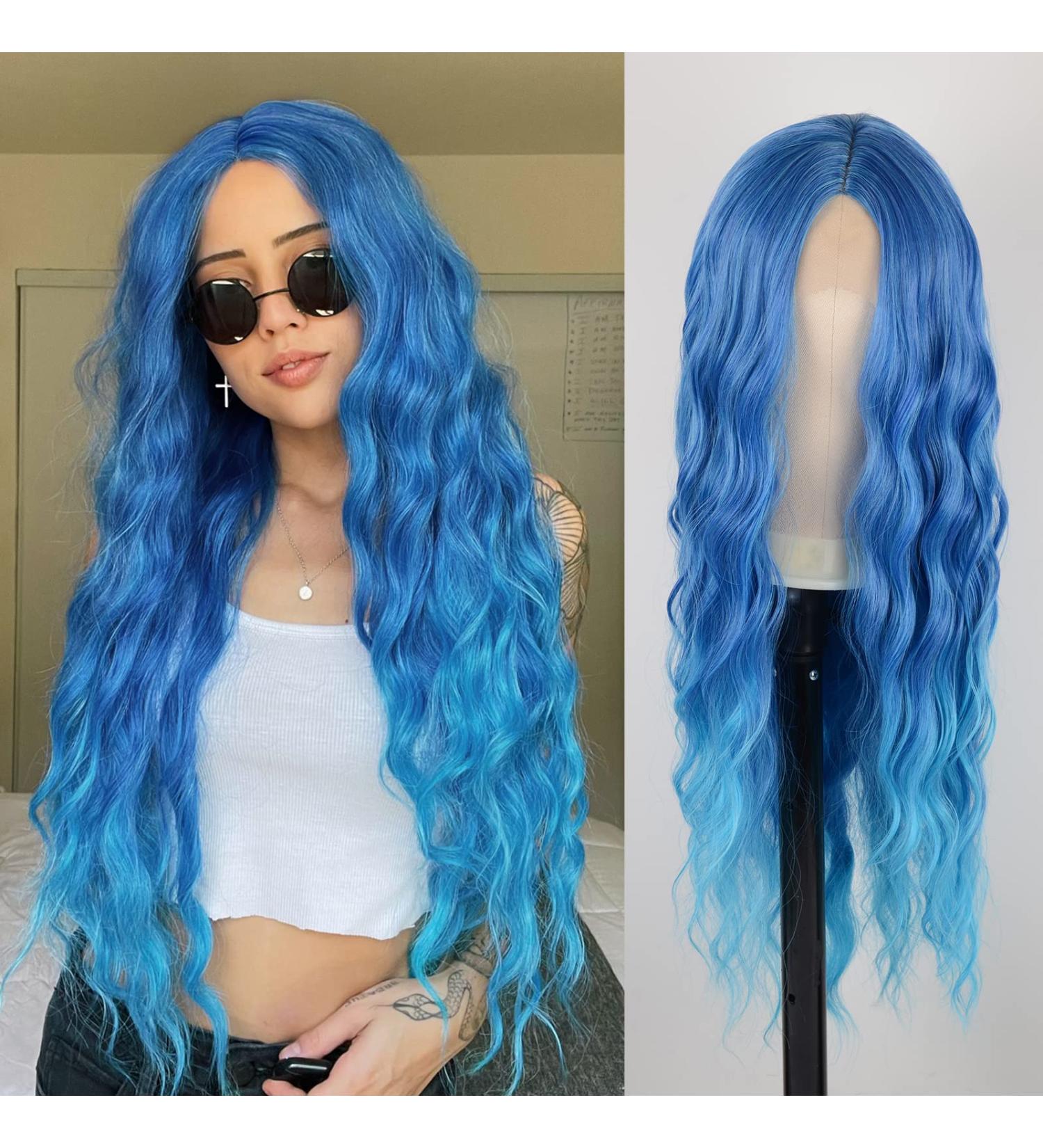 Medo Blue 28 Inch Long Wavy Ombre Water Wave Wig for Women - Heat Resistant Synthetic Hair - Colorful Party Daily Wig - Buy Online on GoSupps.com