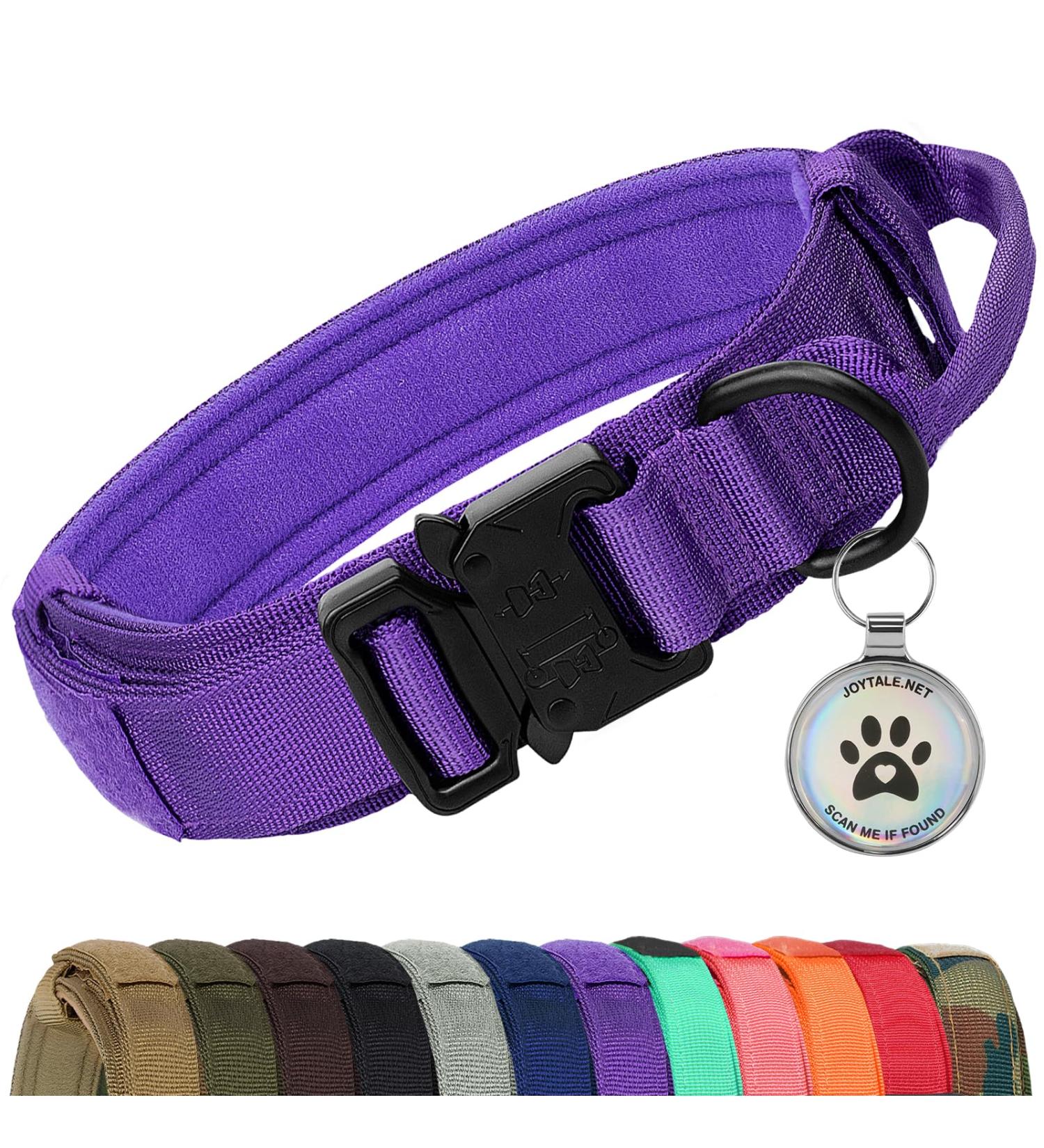Joytale Tactical Dog Collar - Large Purple Dog Collar with Handle & QR Code Tag for XL Dogs - Buy Online on GoSupps.com