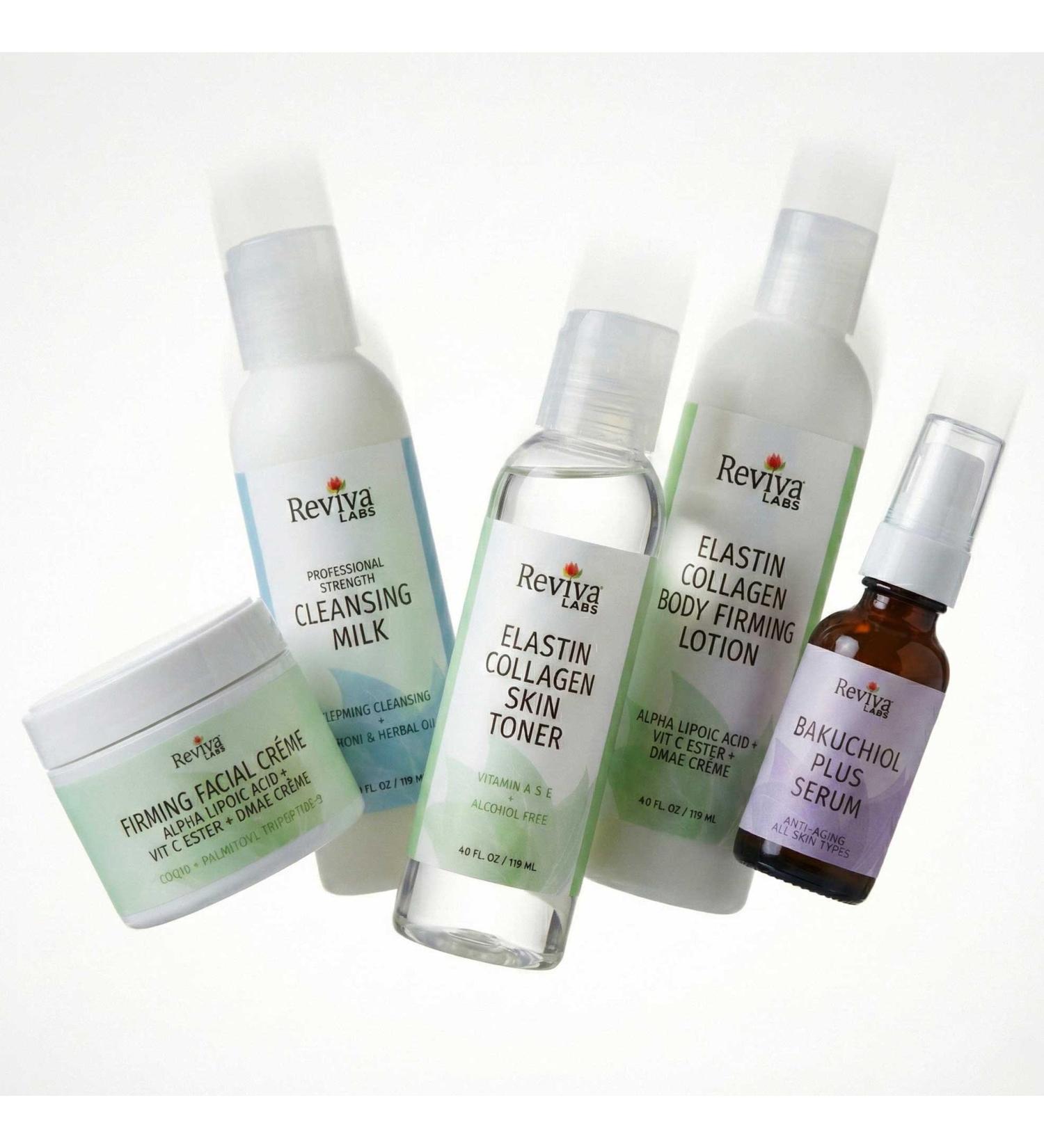 Reviva Labs Spa at Home 5-Piece Skincare Gift Set for Women featuring Gentle Facial Cleanser Toner Plumping Serum Firming Cream & Collagen Body Lotion for Winter Skin Care - Buy Online on GoSupps.com