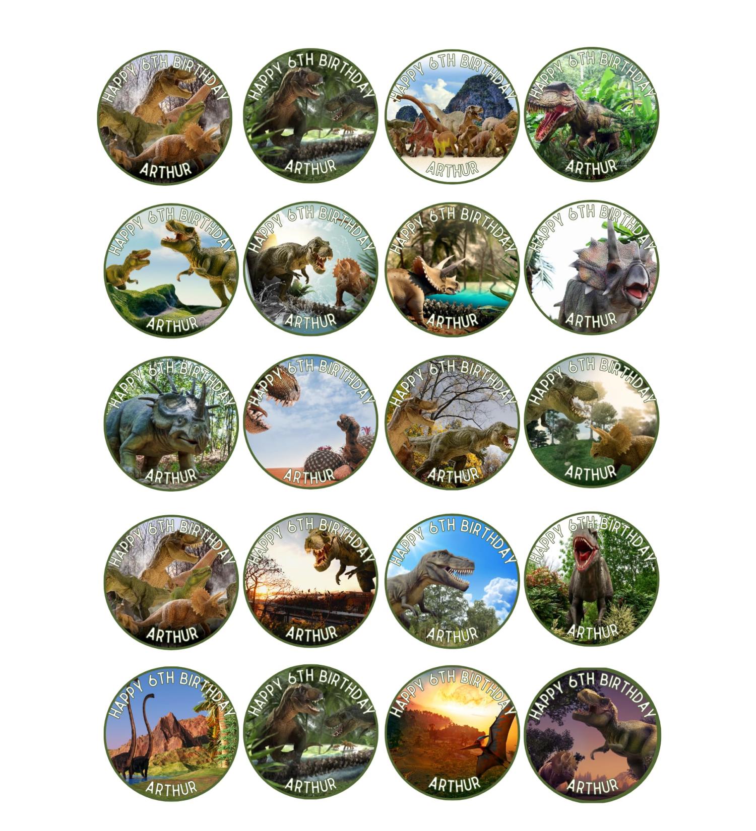 20 x Personalised Dinosaur themed cupcake toppers wafer/icing uncut - Green (icing paper)