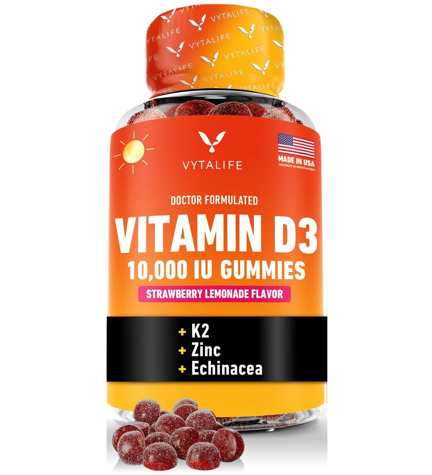 VYTALIFE Vitamin D3 K2 10000 IU Gummy Vitamins  Vitamin D Gummies D3 K2 Vitamin 10000 IU with Zinc and Echinacea  K2 D3 Vitamin Supplement 60 Day Supply