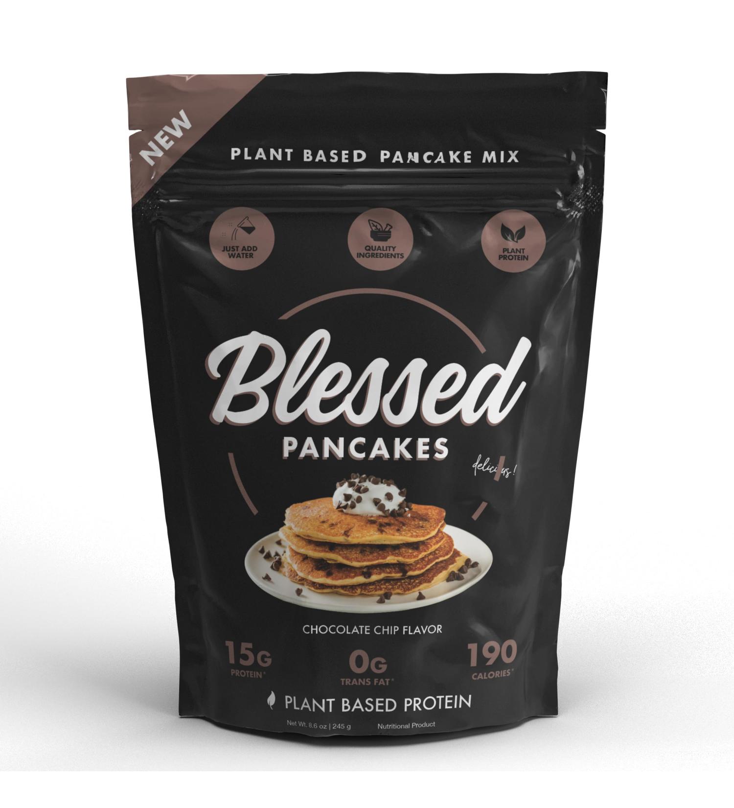 Blessed Vegan Pancake Mix (16g Protein) - Plant Based Protein Pancake Mix - Low Calorie Naturally Sweetened Dairy Free Protein Pancakes - High Protein Pancake Mix Choc Chip - Buy Online on GoSupps.com