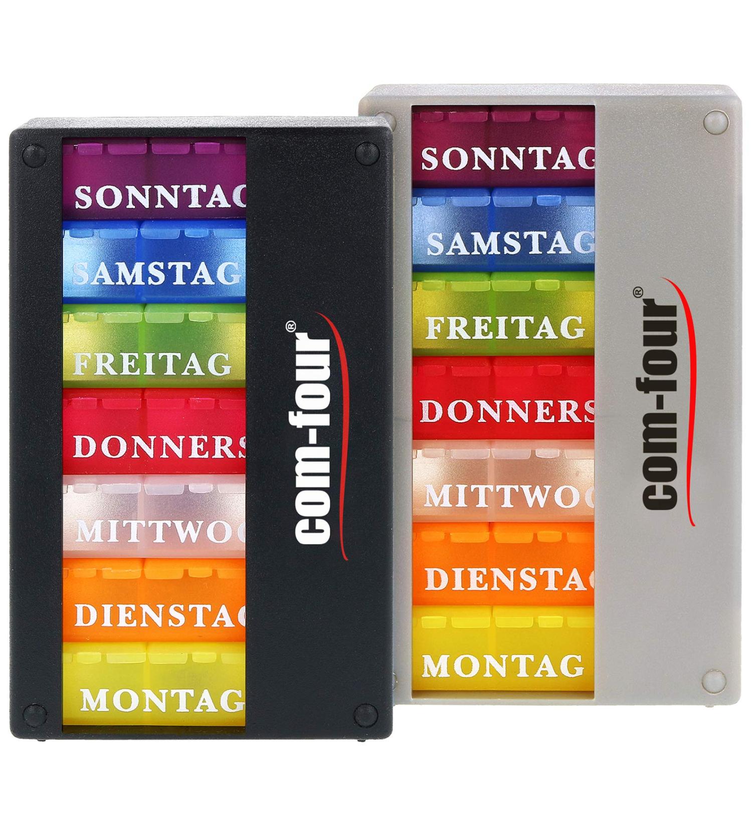COM-FOUR 2x Drug Doser 7 Days - Medication Box for Morning Lunch Evening - Pill & Tablet Organizer - Weekly Dosing Solution in Black & Silver - Buy Online on GoSupps.com