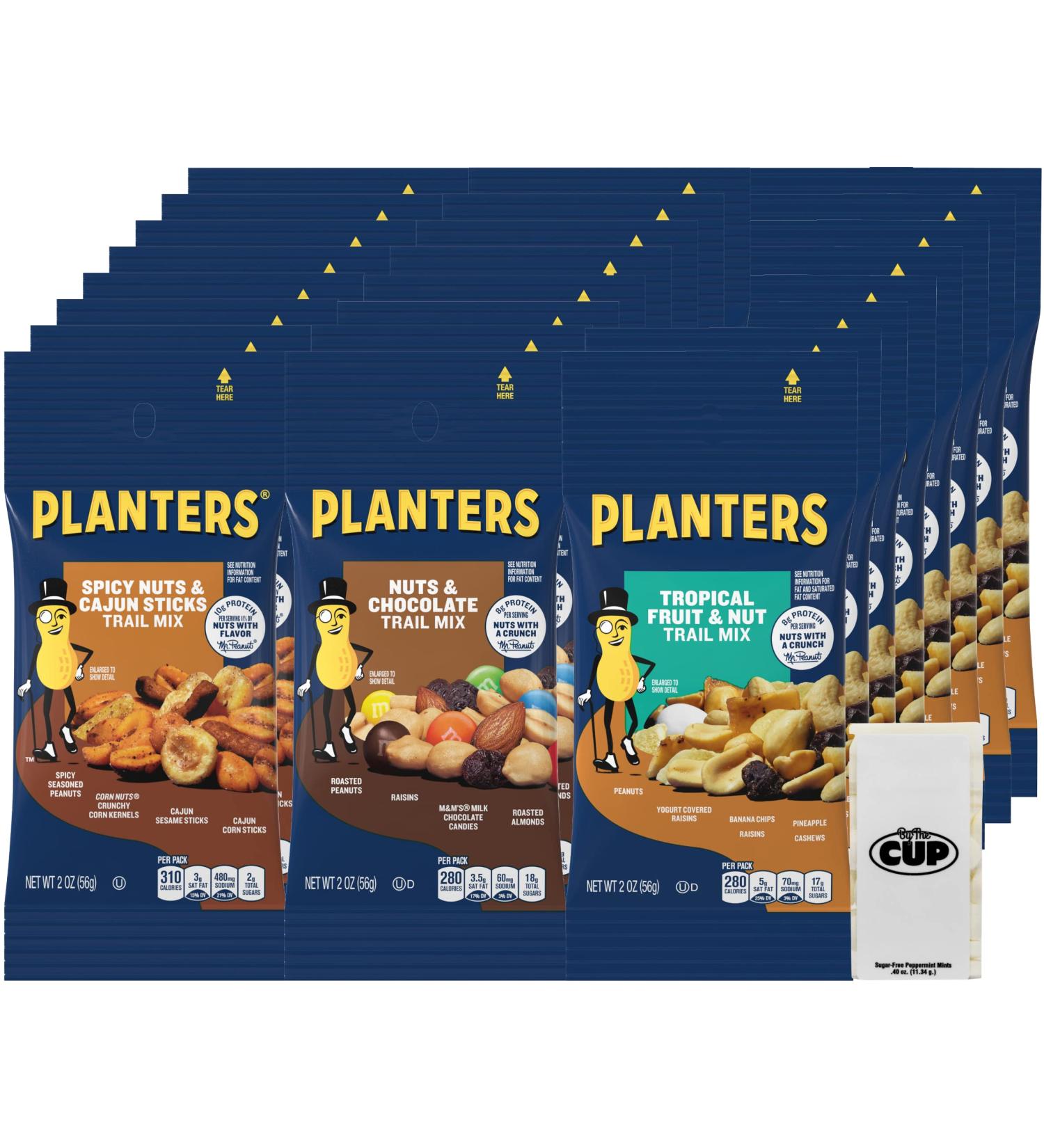 Planters Peanuts Trail Mix Variety Pack - 24 Individual 2 oz Bags - Cajun, Chocolate, Tropical Flavors with By The Cup Mints - Buy Online on GoSupps.com