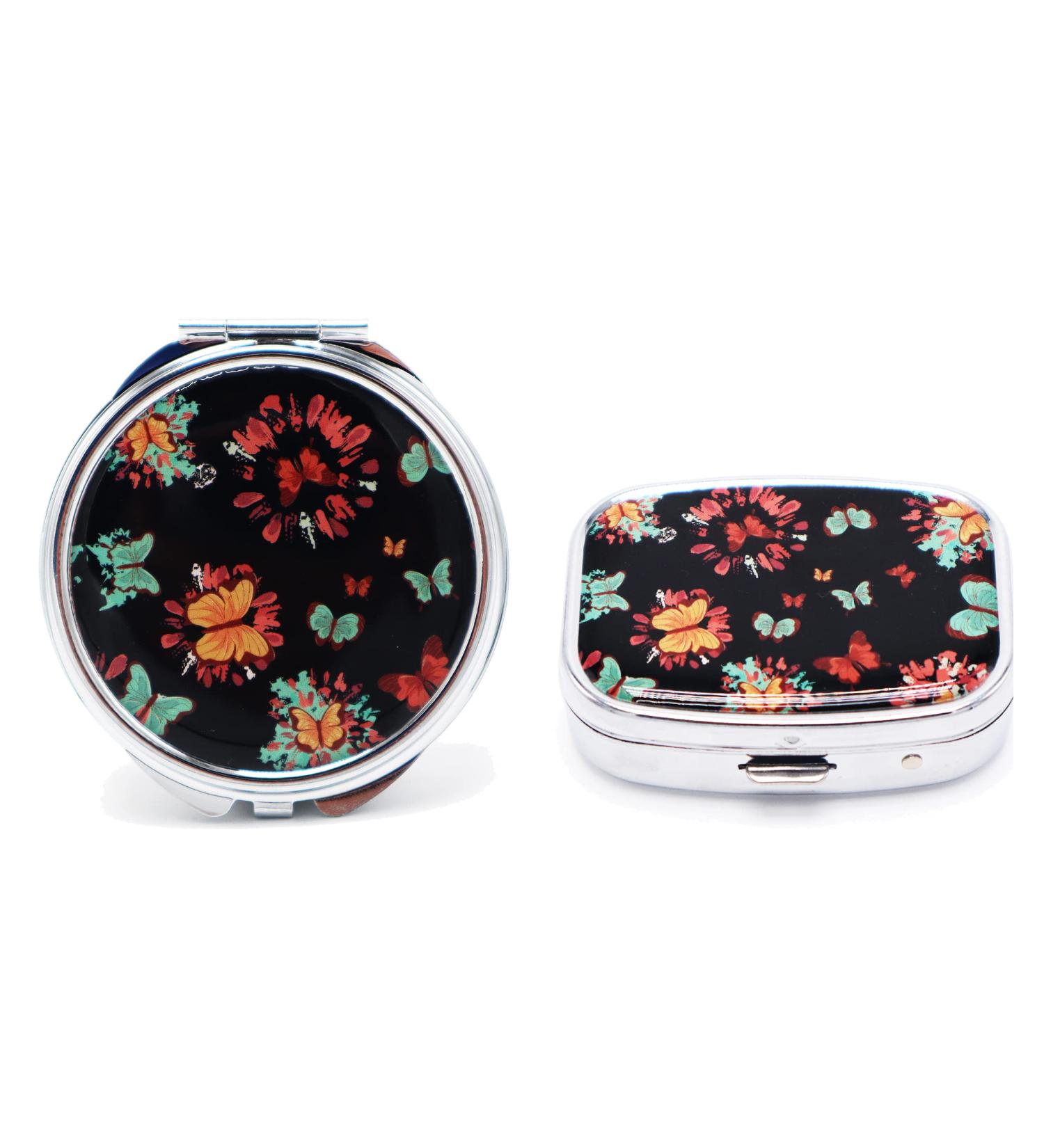Portable Butterfly Pill Box - 3 & 2 Compartment Medicine Organizer | Travel-Friendly Vitamin Holder - 2pcs Jewelry Storage with Mirror - Buy Online on GoSupps.com